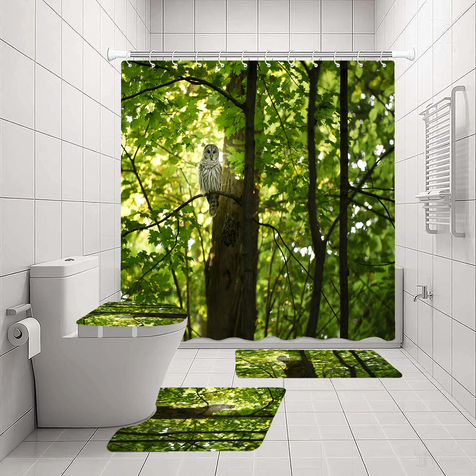 Nighttime Nature 3D Owl Forest Jungle Tree Print Shower Curtain For Bathroom Decor
