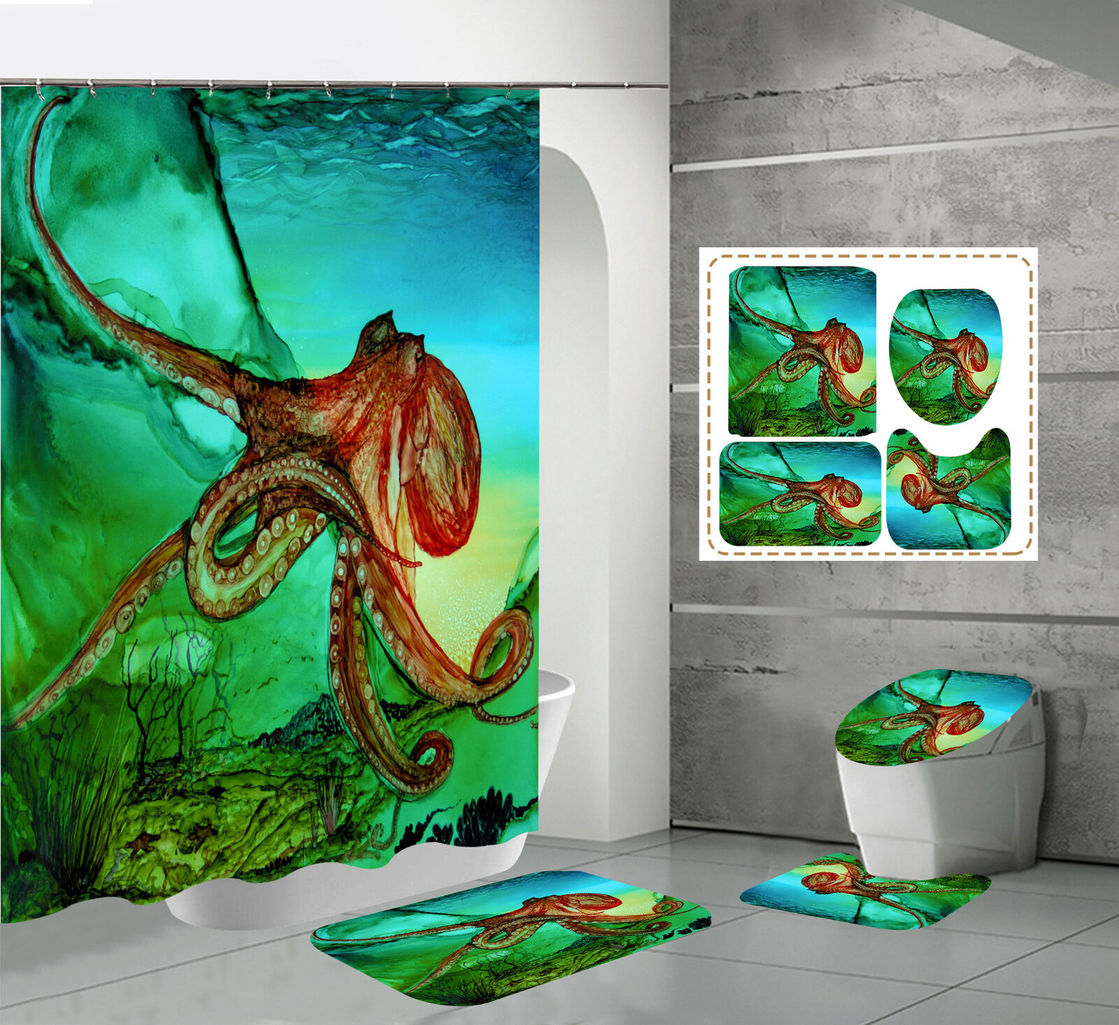 Fantastical Ocean 3D Ocean Octopus Print Shower Curtain Waterproof For Bathroom Decor