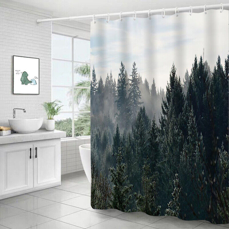 Dreamy Pine Trees 3D Misty Pine Forest Jungle Trees Print Bathroom Multiple Size Shower Curtain #5 For Bathroom Decor