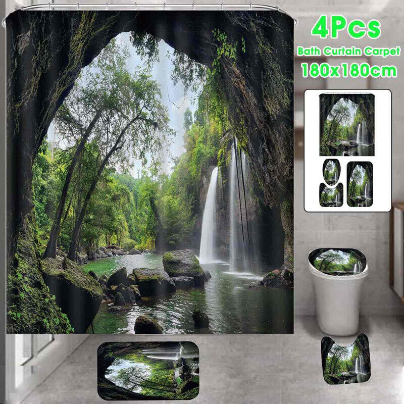 Serene Waterfall 3D Landscape Forest Waterfall Shower Curtain For Bathroom Decor