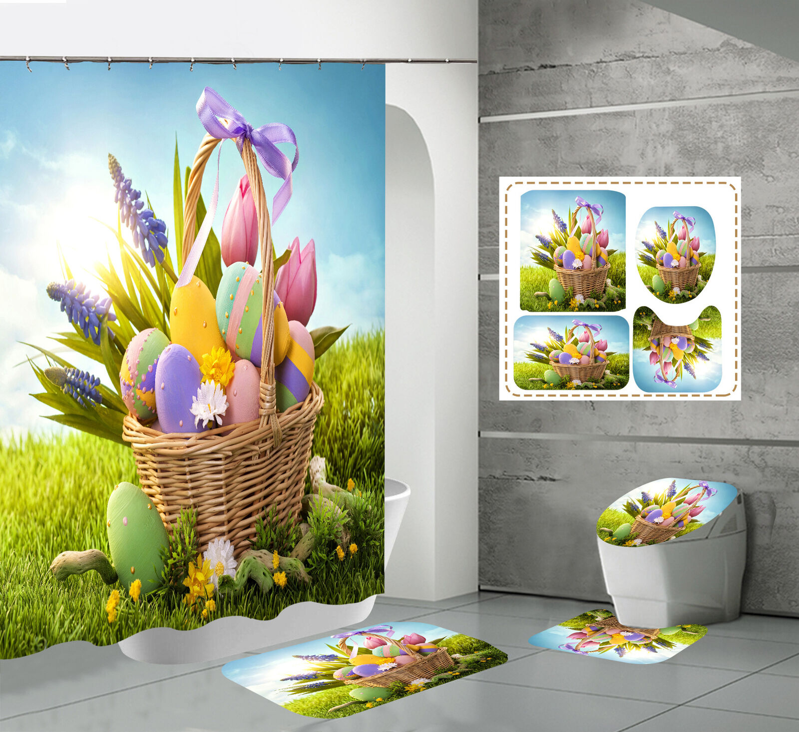 Joyful Easter 3D Easter Eggs Flower Grassland Shower Curtain For Bathroom Decor