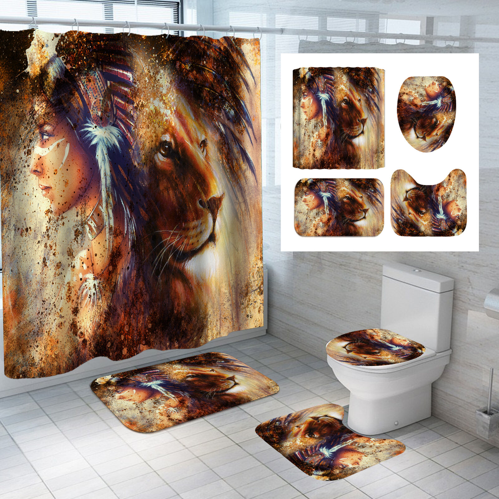 Native American Spirit Lion Girl Shower Curtain For Bathroom Decor