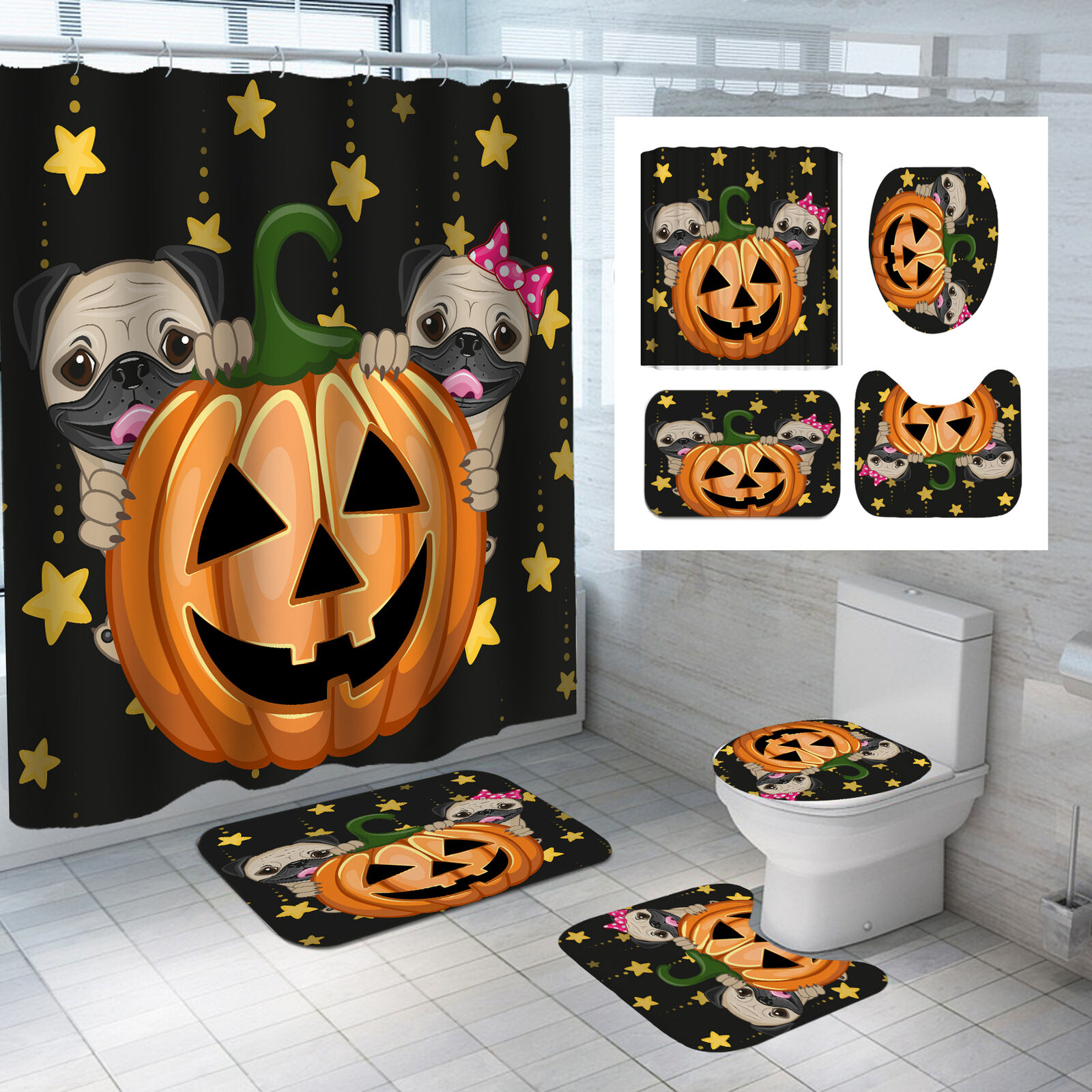 Halloween Fun 3D Pumpkin Head Dog Shower Curtain For Bathroom Decor