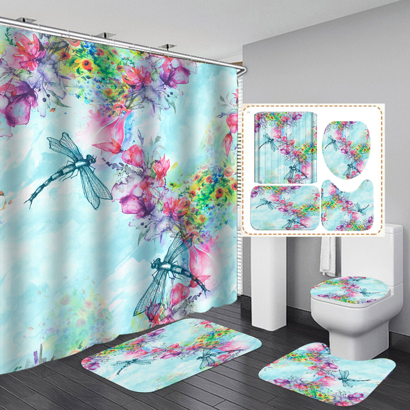 Flower Dragonfly Print Shower Curtain For A Cheery And Natural Bathroom Decor