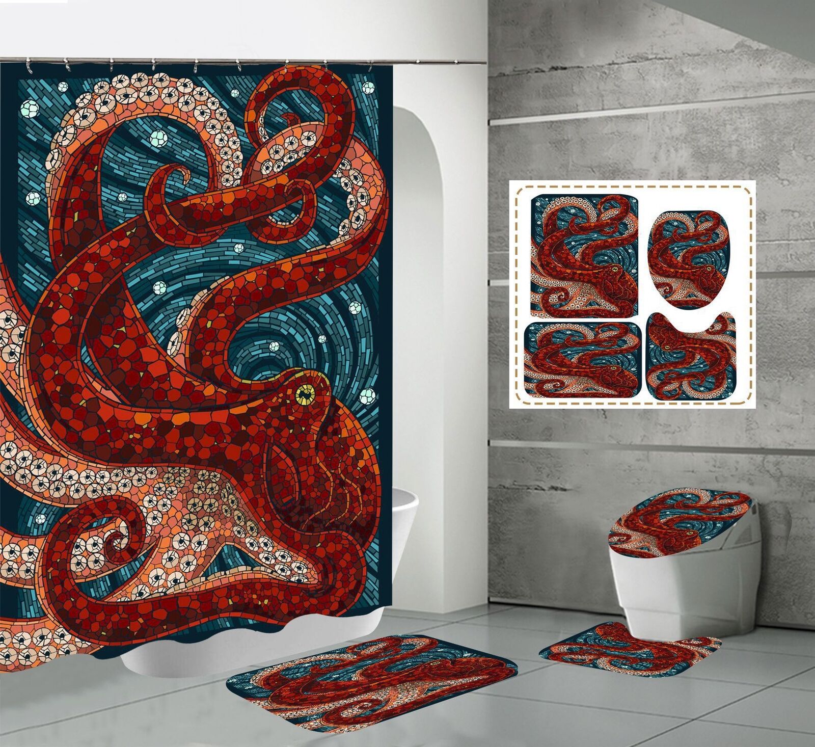 Ocean Odyssey 3D Glass Octopus Print Shower Curtain With Bathroom Decor