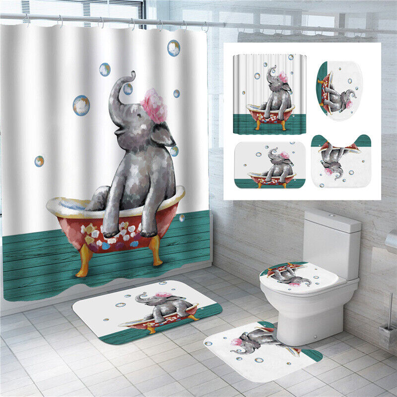 Bubbles Elephant Waterproof Shower Curtain Set For Playful Bathroom Decor