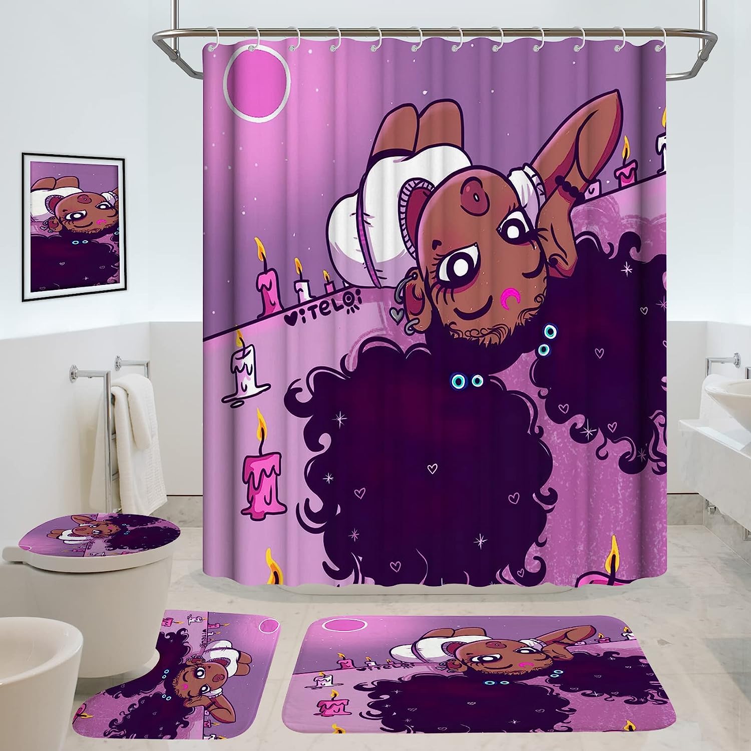Cute Hair Black Girl Shower Curtain Set For Cool Bathroom Decor