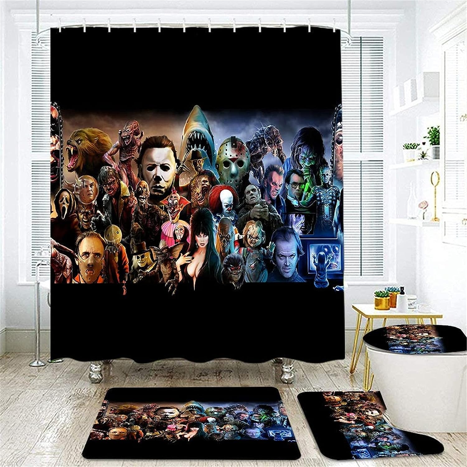 Classic Horror Movies Characters Shower Curtain Set For Spooky Bathroom Decor