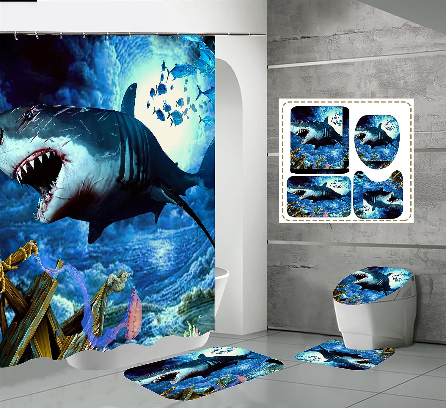 Scarred Shark Shower Curtain For Ocean-Themed Bathroom
