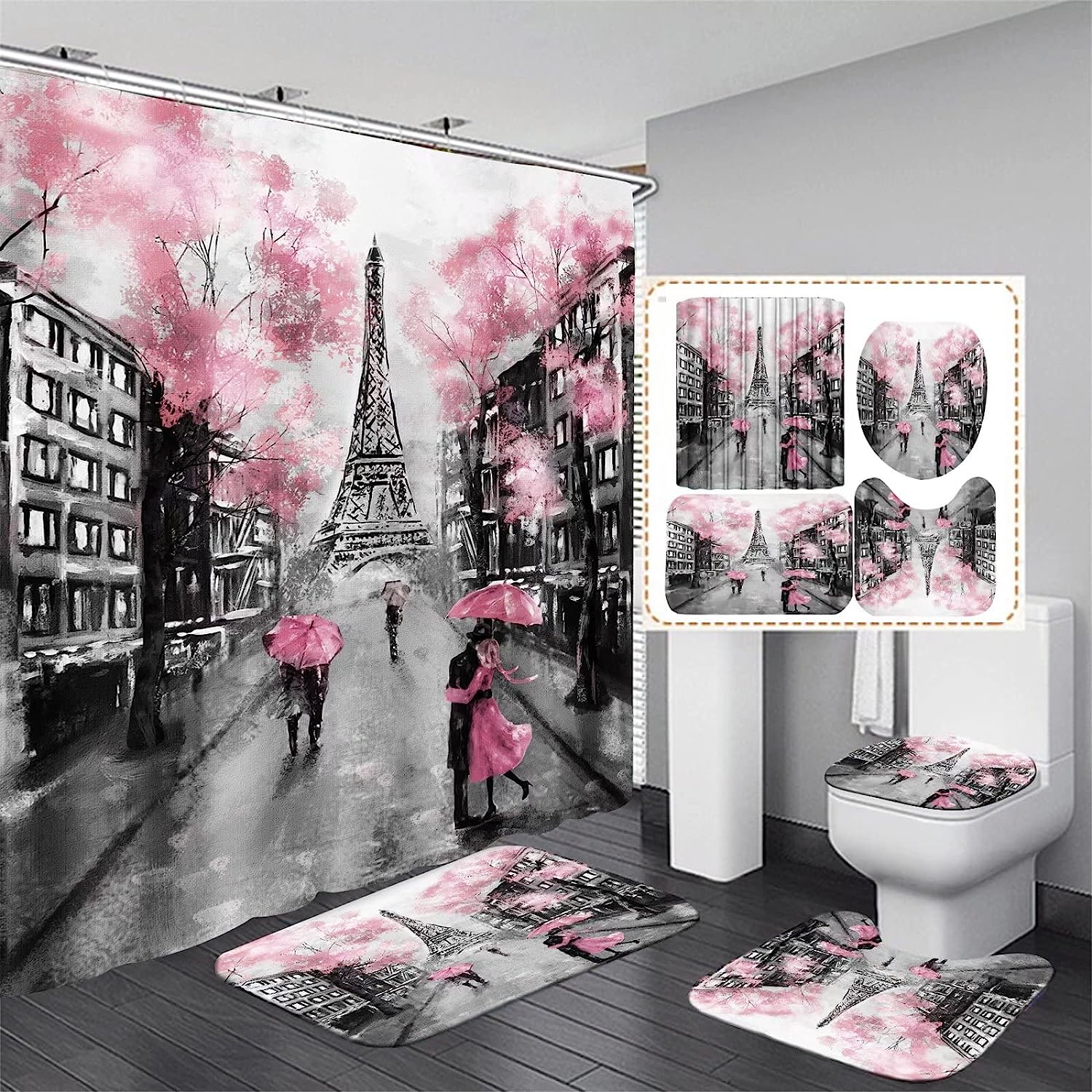 Pink Eiffel Tower Shower Curtain Set For Valentines Day Bathroom Decor
