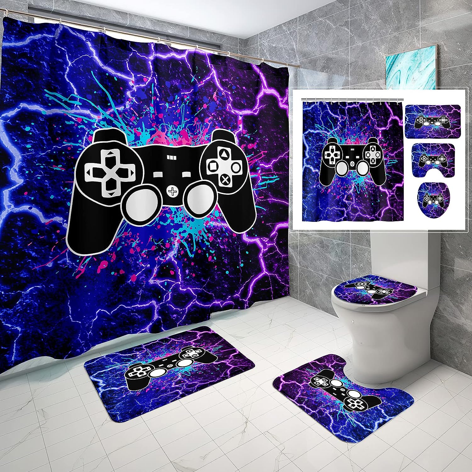 Gaming Shower Curtain With Gamepad For Boys Bathroom Decor