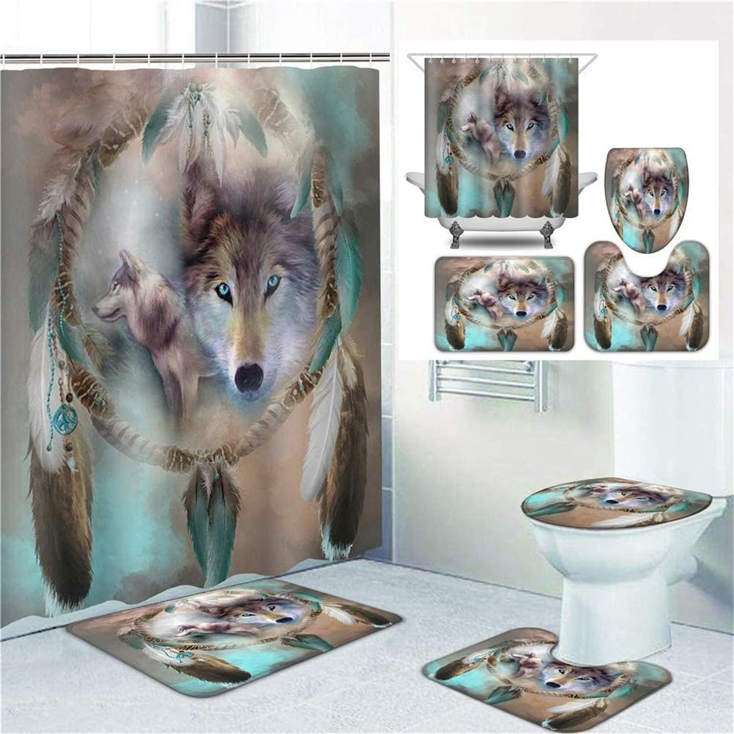 Dream Catcher Wolf Shower Curtain With Cool Animal Print For A Nature-Inspired Bathroom Decor