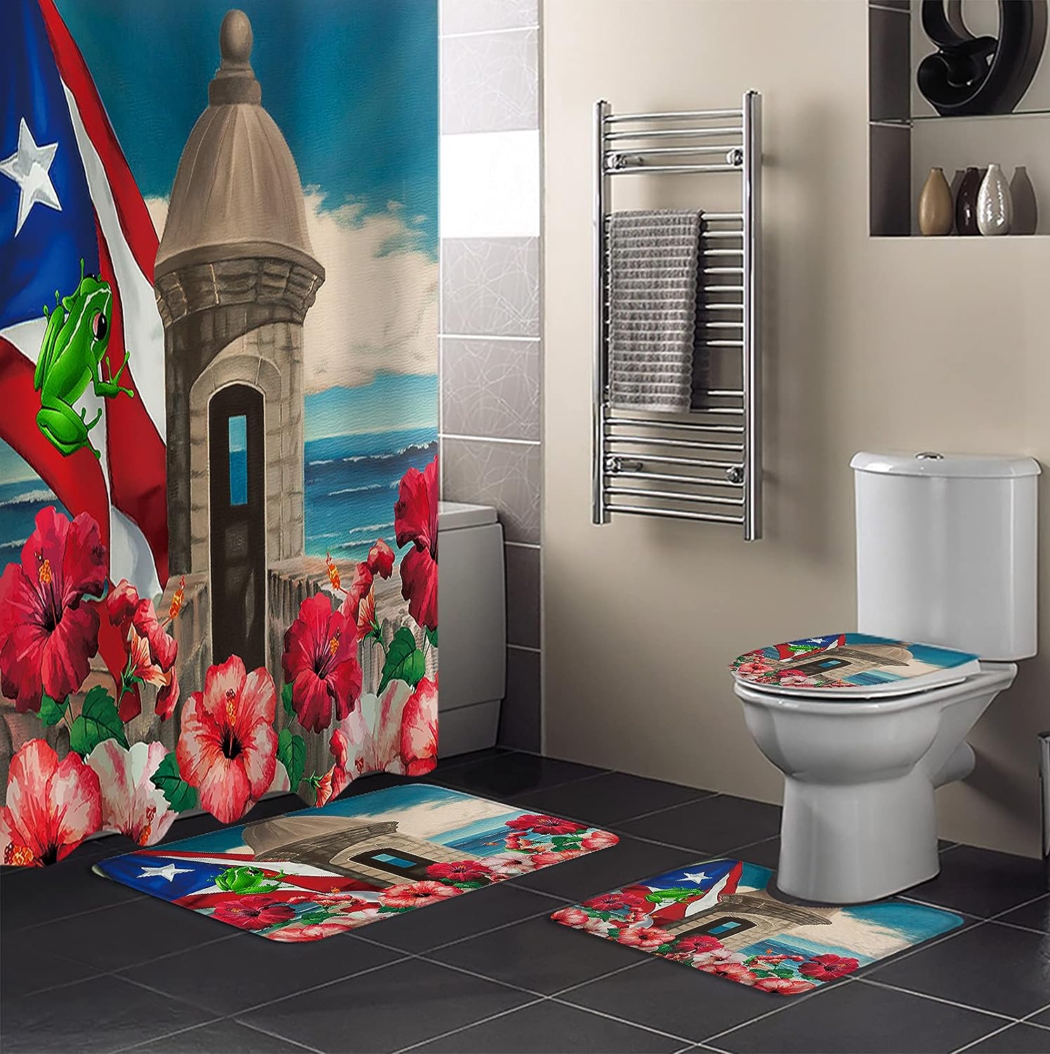Puerto Rico Flag Frog Shower Curtain Set For Coastal Bathroom Decor