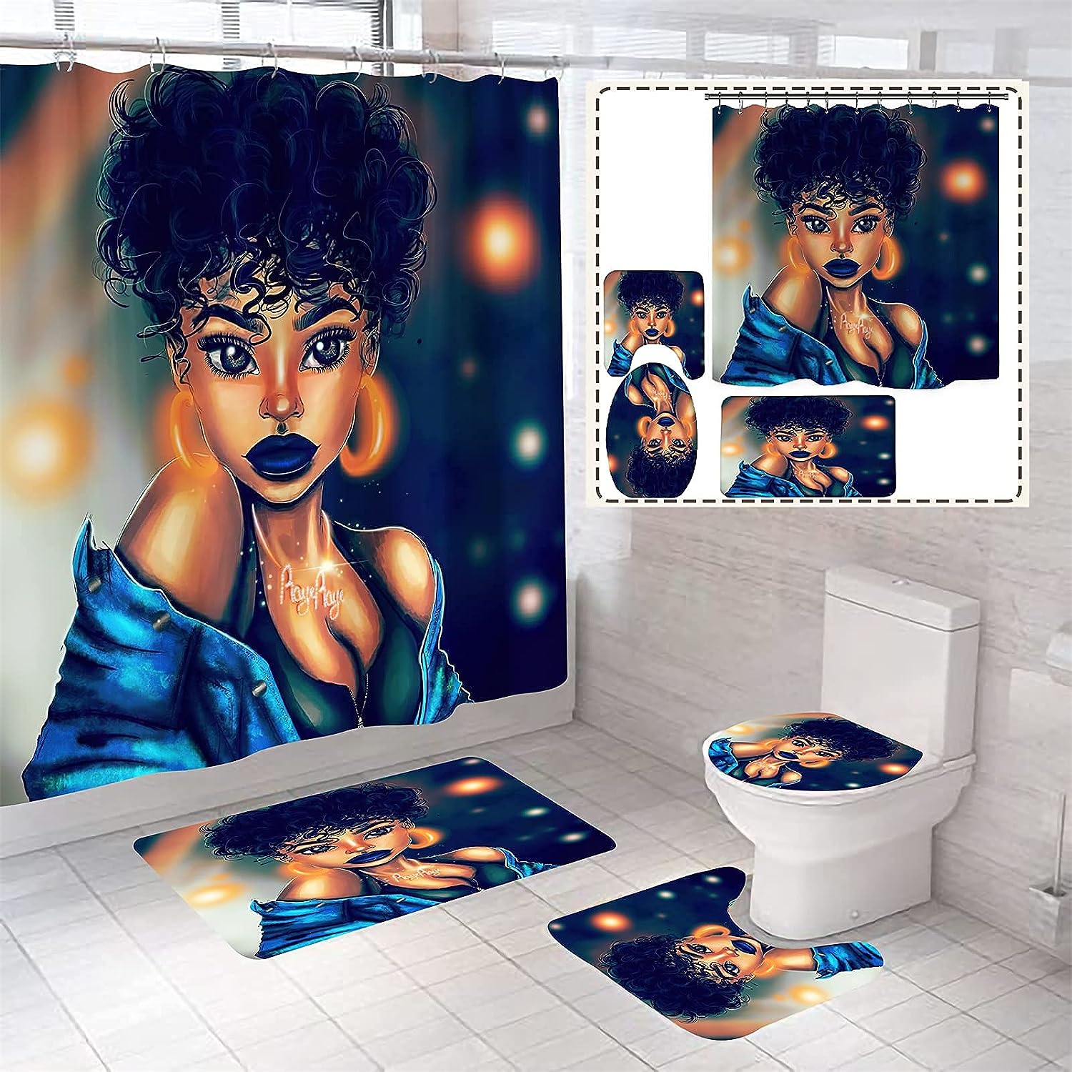 Sexy Afro Women African Shower Curtain With Non-Slip Cover And U Shape Mat For A Bold Bathroom Decor