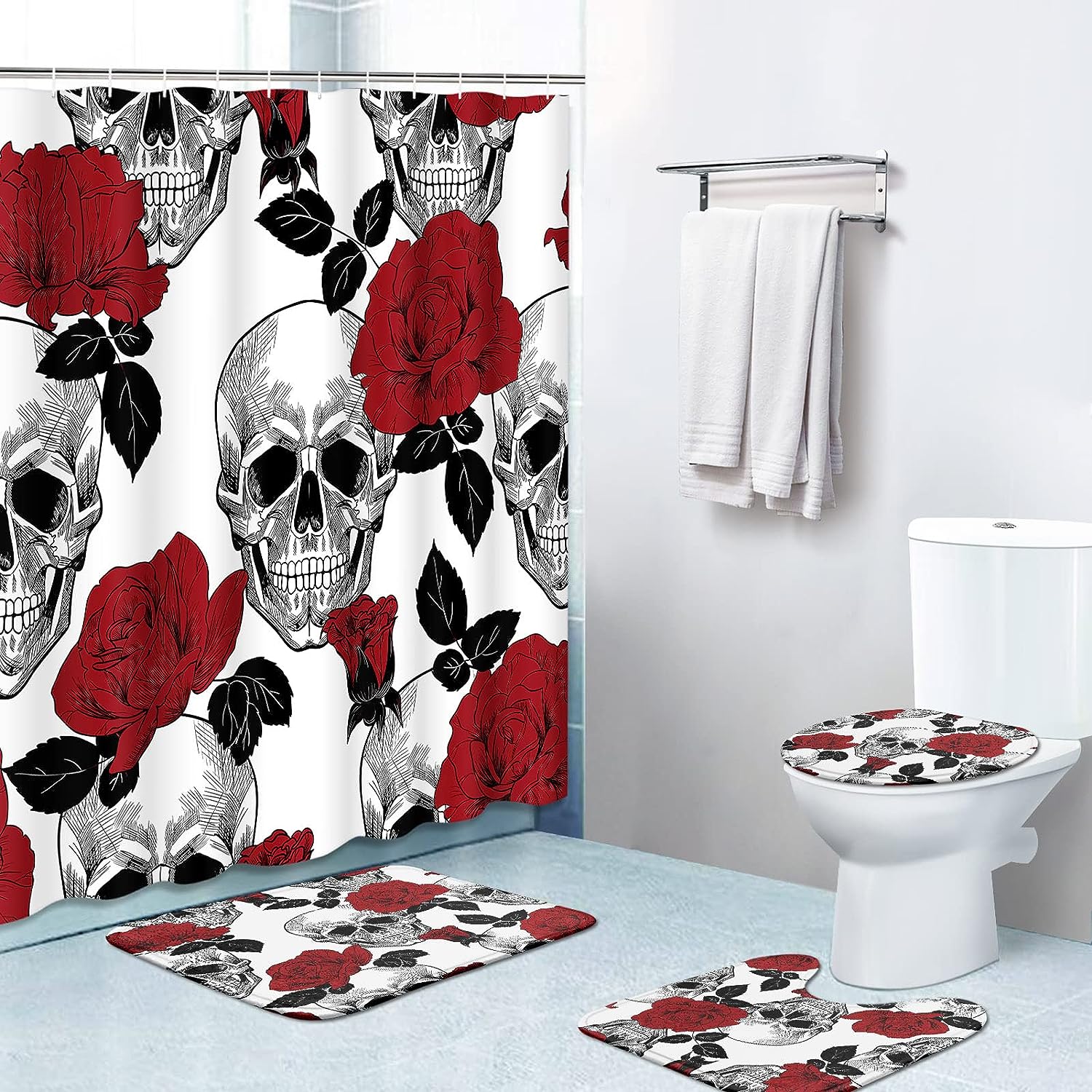 Red Roses Skull Flower Shower Curtain Set For Gothic Bathroom Decor