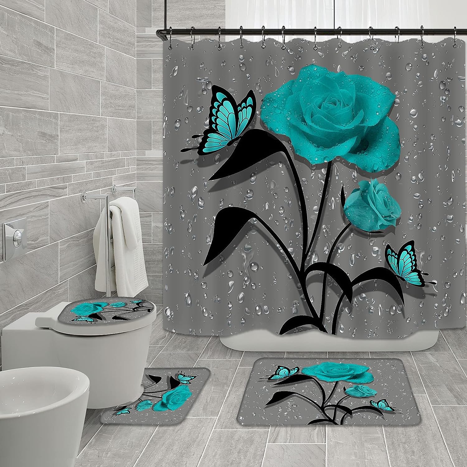 Teal Gray Rose Shower Curtain With Raindrops Bath Mat And Non-Slip Cover For A Chic Bathroom Decor