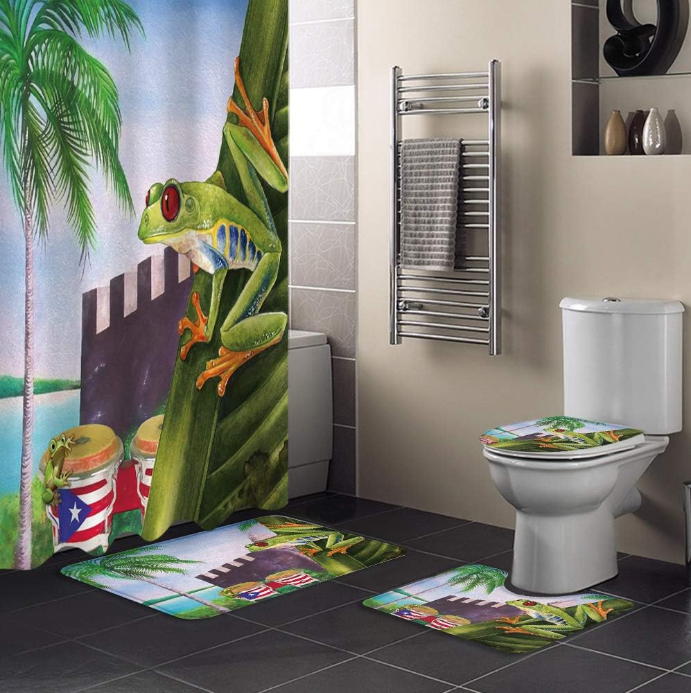 Puerto Rico Flag And Tropical Elements Shower Curtain For A Beachy Bathroom Decor