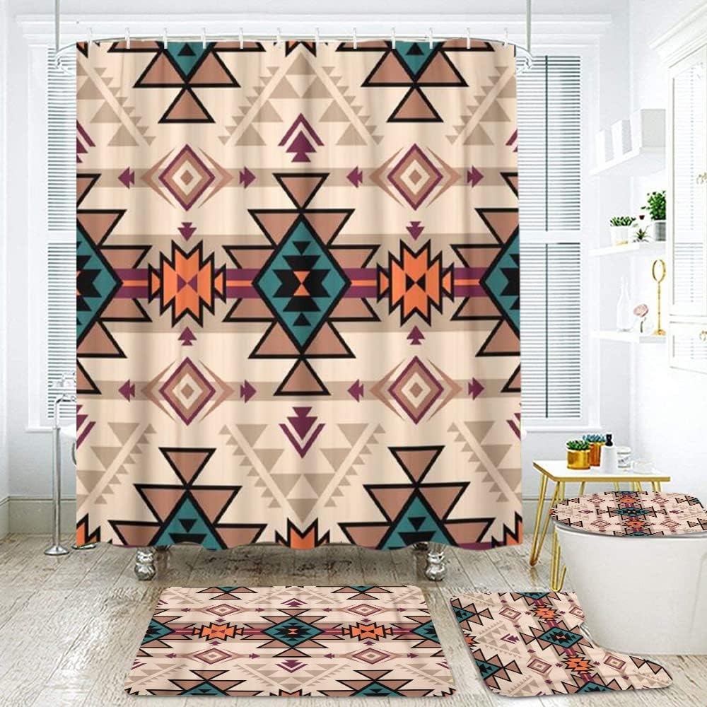 Pink Retro Tribal Navajo Aztec Shower Curtain With Fancy Geometric Print For A Boho Bathroom Decor