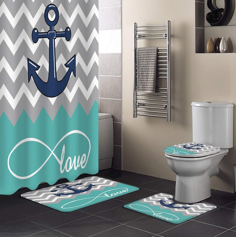 Ripple Grey Love Anchor Design Shower Curtain With Chevron Zig Zag Print For A Trendy Bathroom Decor