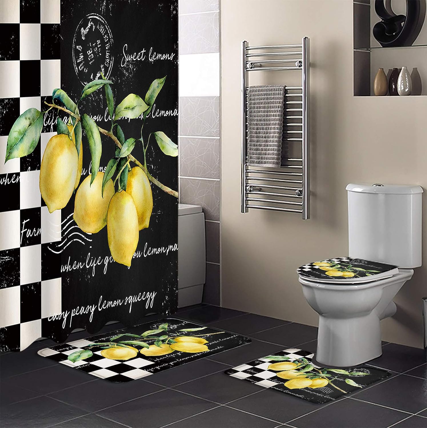Summer Tropical Lemon Buffalo Plaid Black And White Shower Curtain For A Colorful Bathroom Decor
