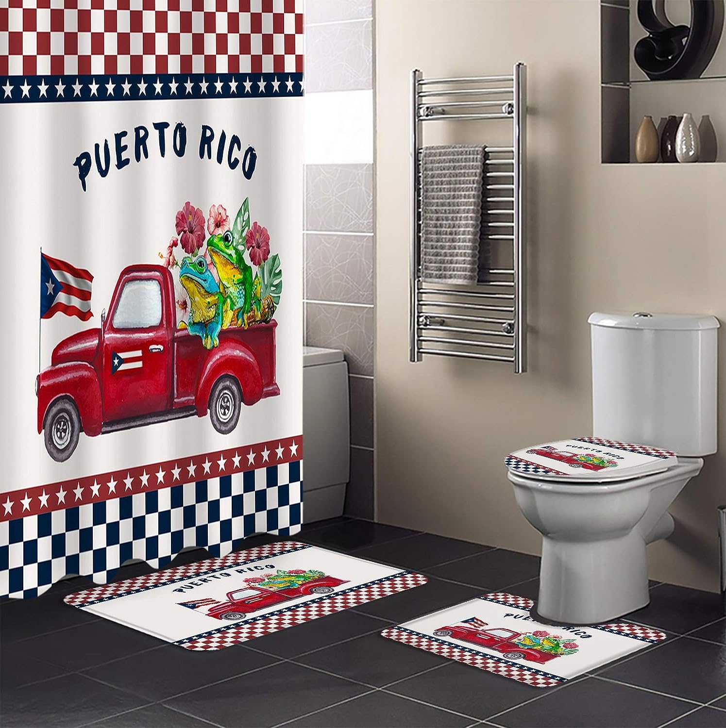 Puerto Rico Flag Truck With Two Frogs Shower Curtain For A Quirky Bathroom Decor