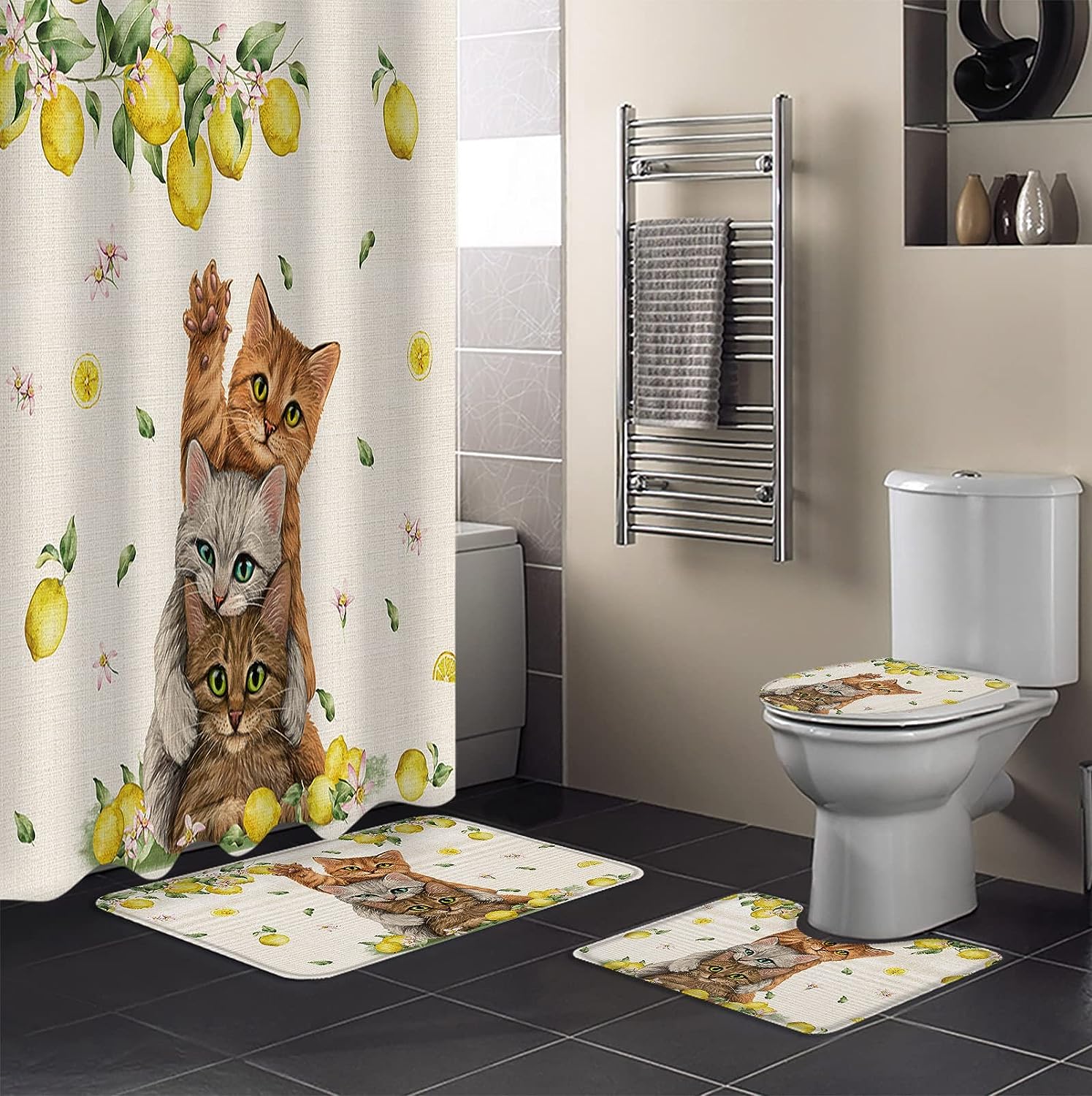 Rustic Yellow Lemon Pet Vintage Burlap Cats Shower Curtain For A Rustic Bathroom Decor