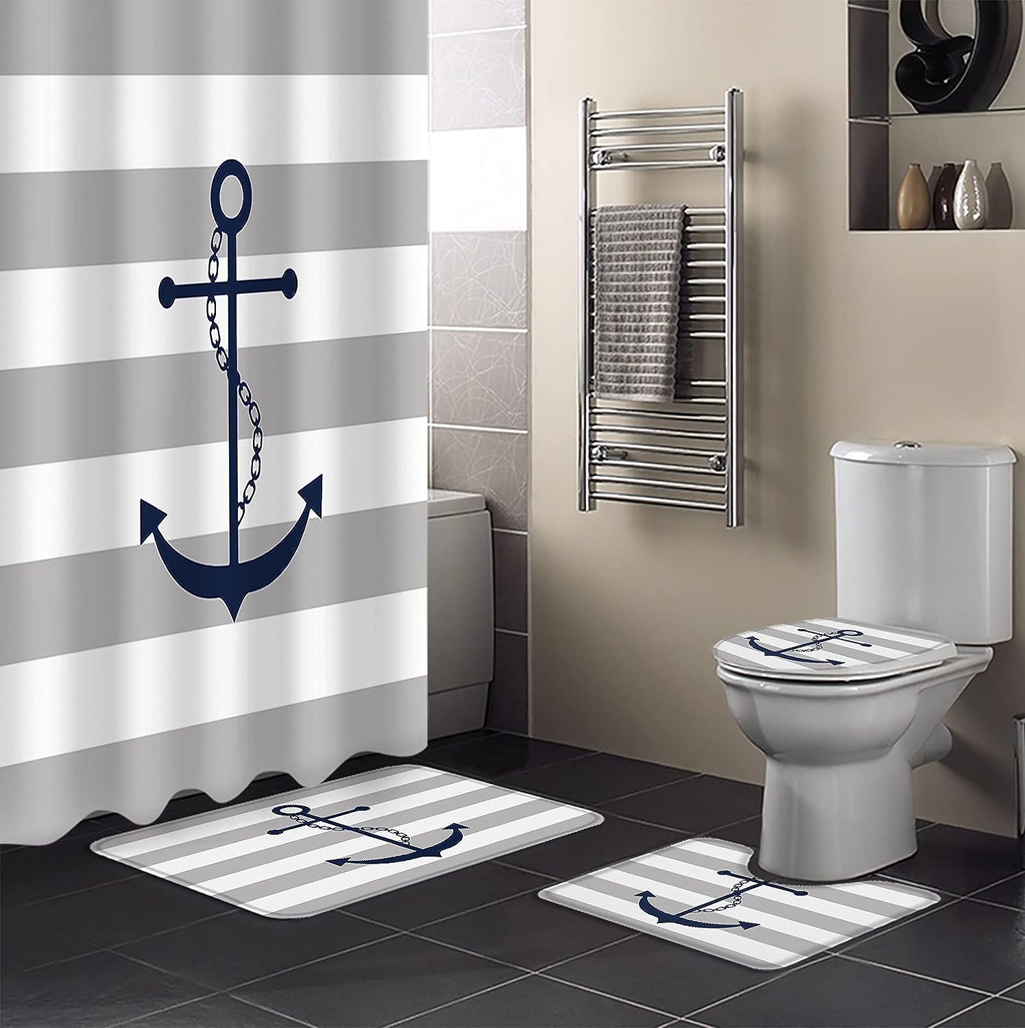Gray Nautical Anchor Geometric Stripes Pattern Shower Curtain For A Coastal Bathroom Decor