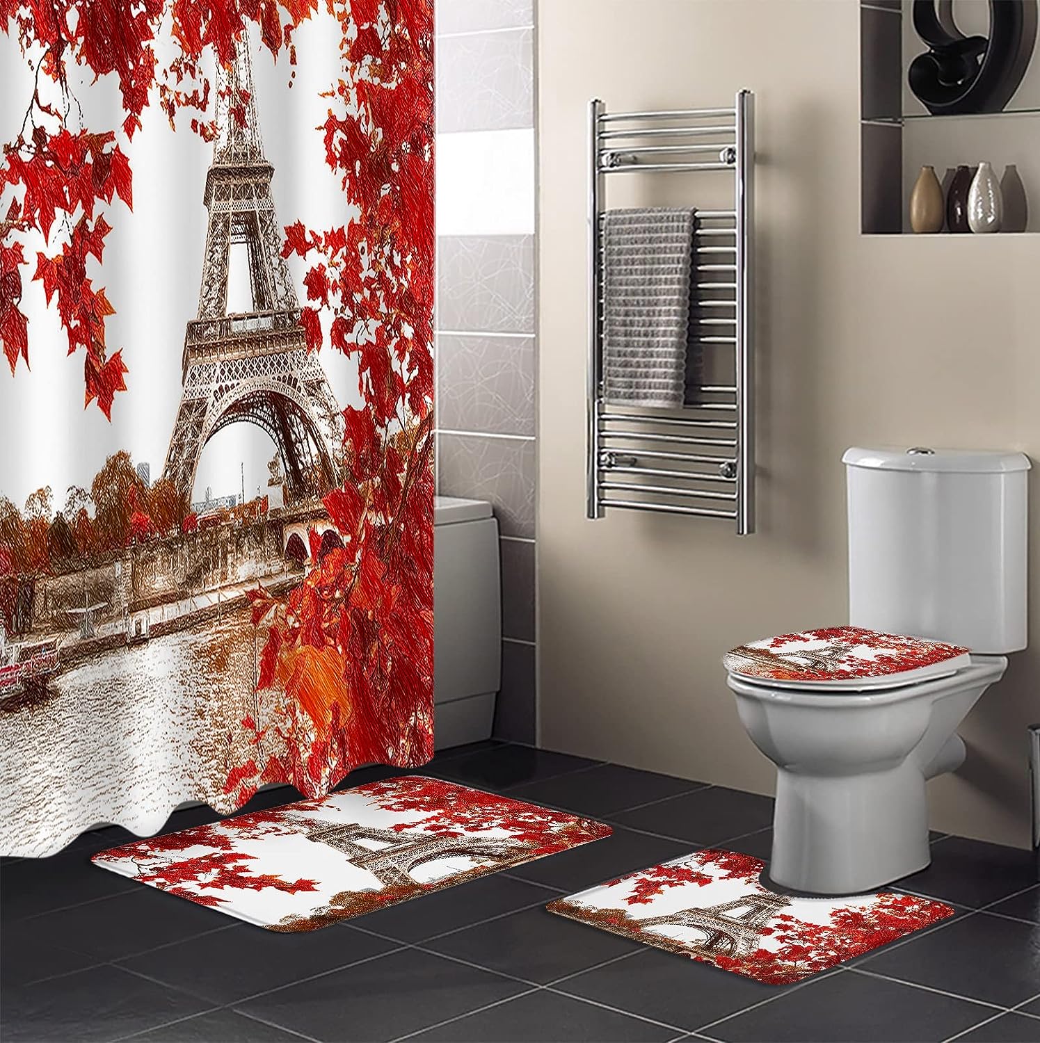 Hand Drawn Painting Eiffel Tower With Red Leaves Shower Curtain For A Parisian-Inspired Bathroom Decor