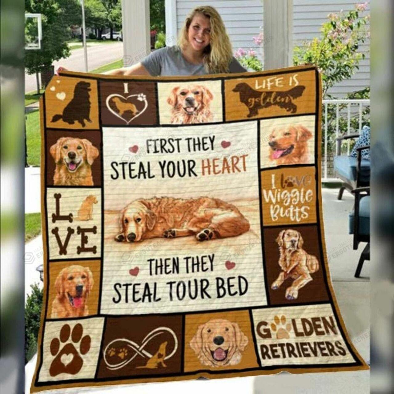 Golden Retriever t Thteal Your Heart Then Thteal Your Bed Quilt Blanket Greattomized Blanket G For Birthday C Thgiving