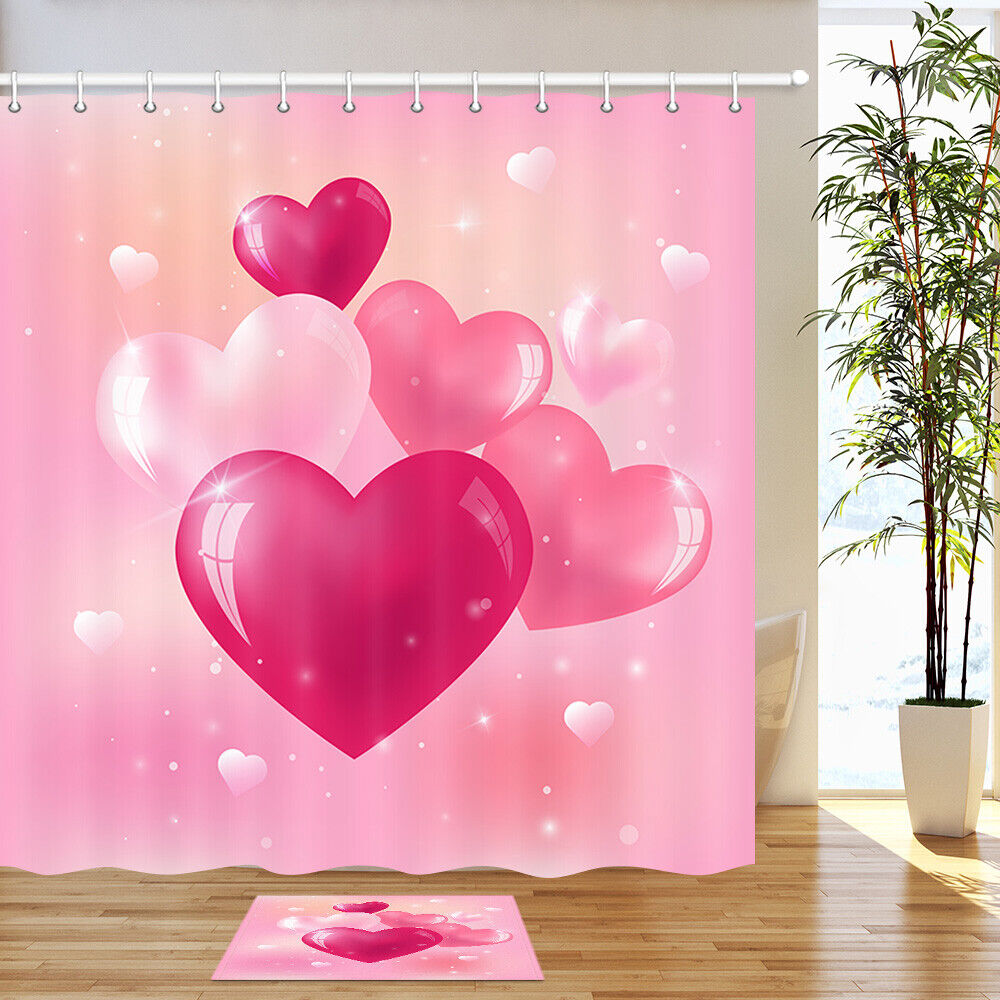 Pink Balloon Heart Fabric Shower Curtain Bathroom Decor