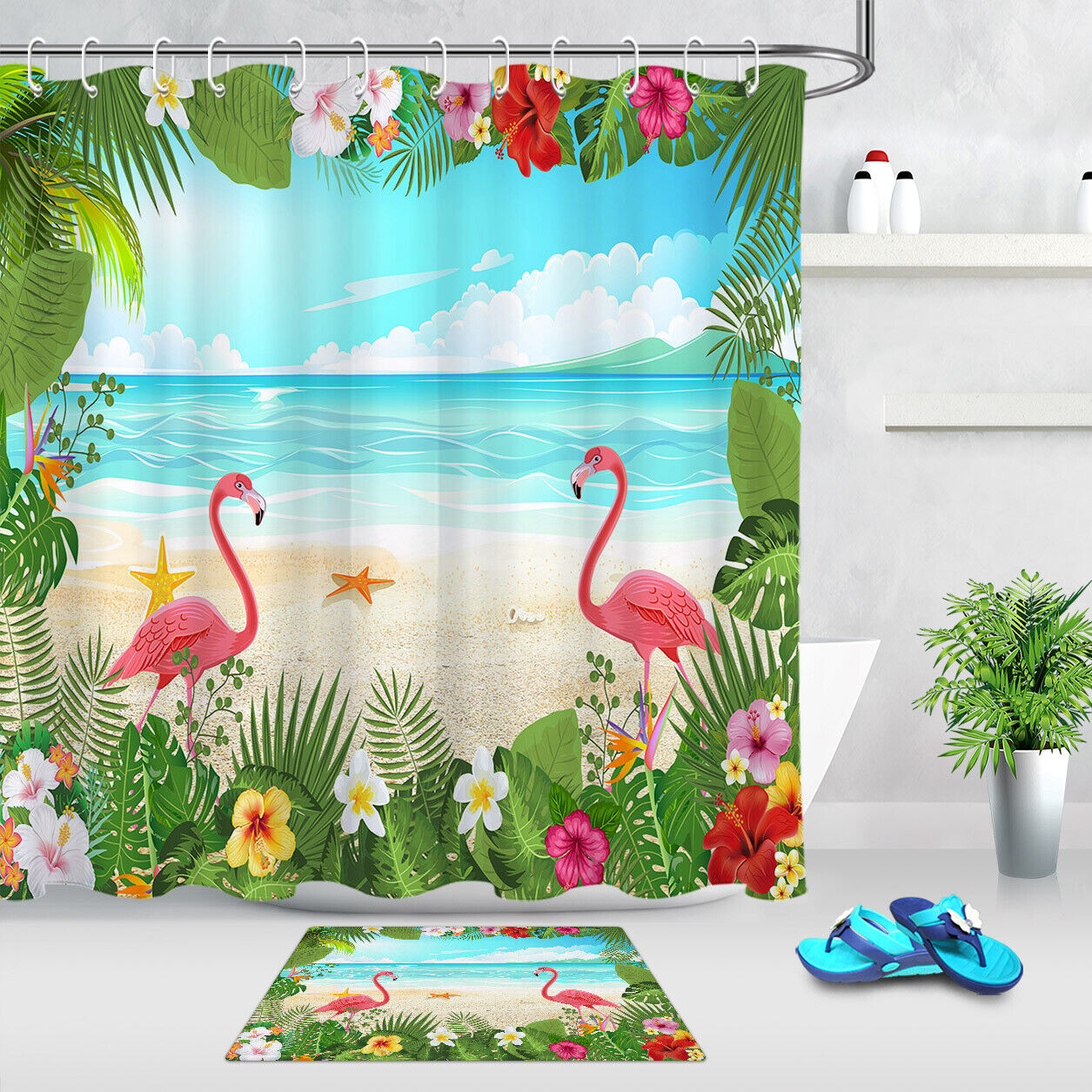 Flamingo Leaf Fabric Shower Curtain Bathroom Decor