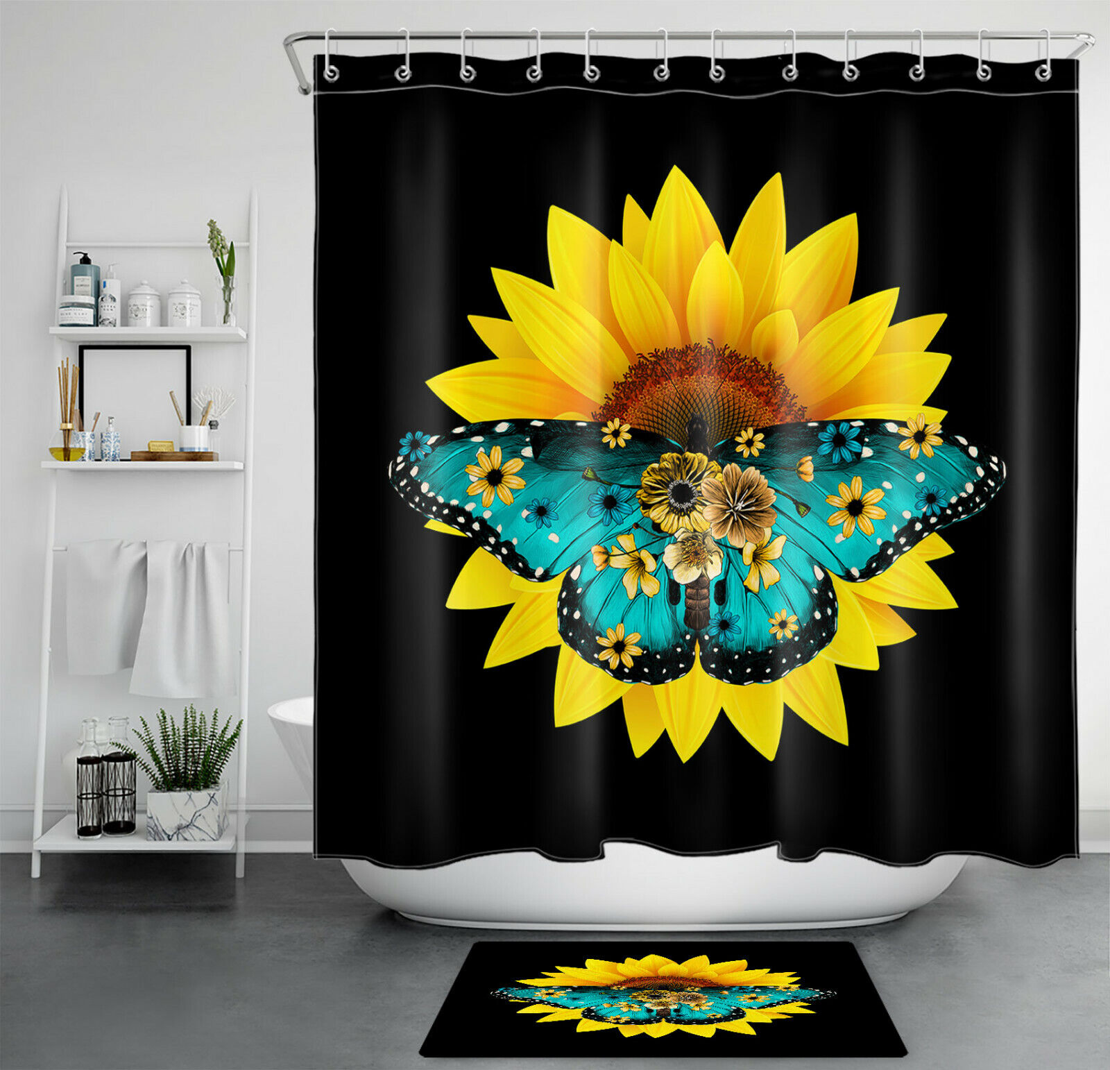 Sunflower Butterfly Spring Shower Curtain Bathroom Decor