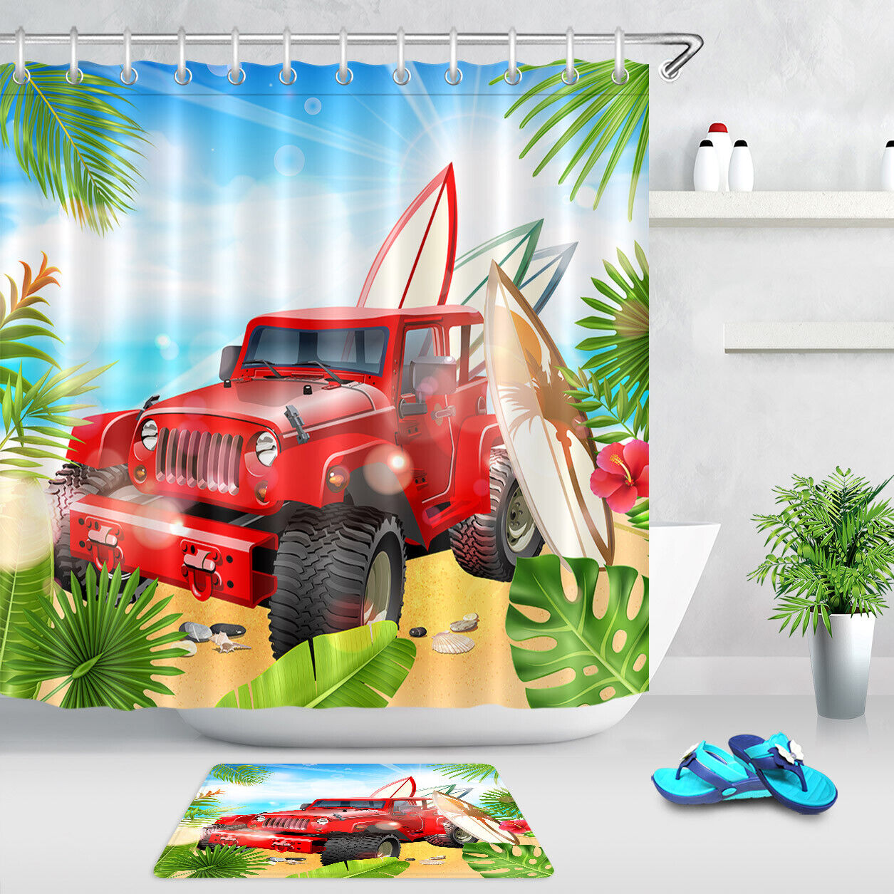 Summer Palm Leaves Surfboards Shower Curtain Bathroom Decor
