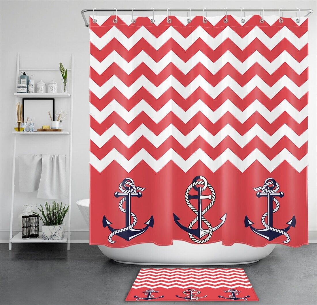 Sailor Red White Wave Striped Shower Curtain Bathroom Decor