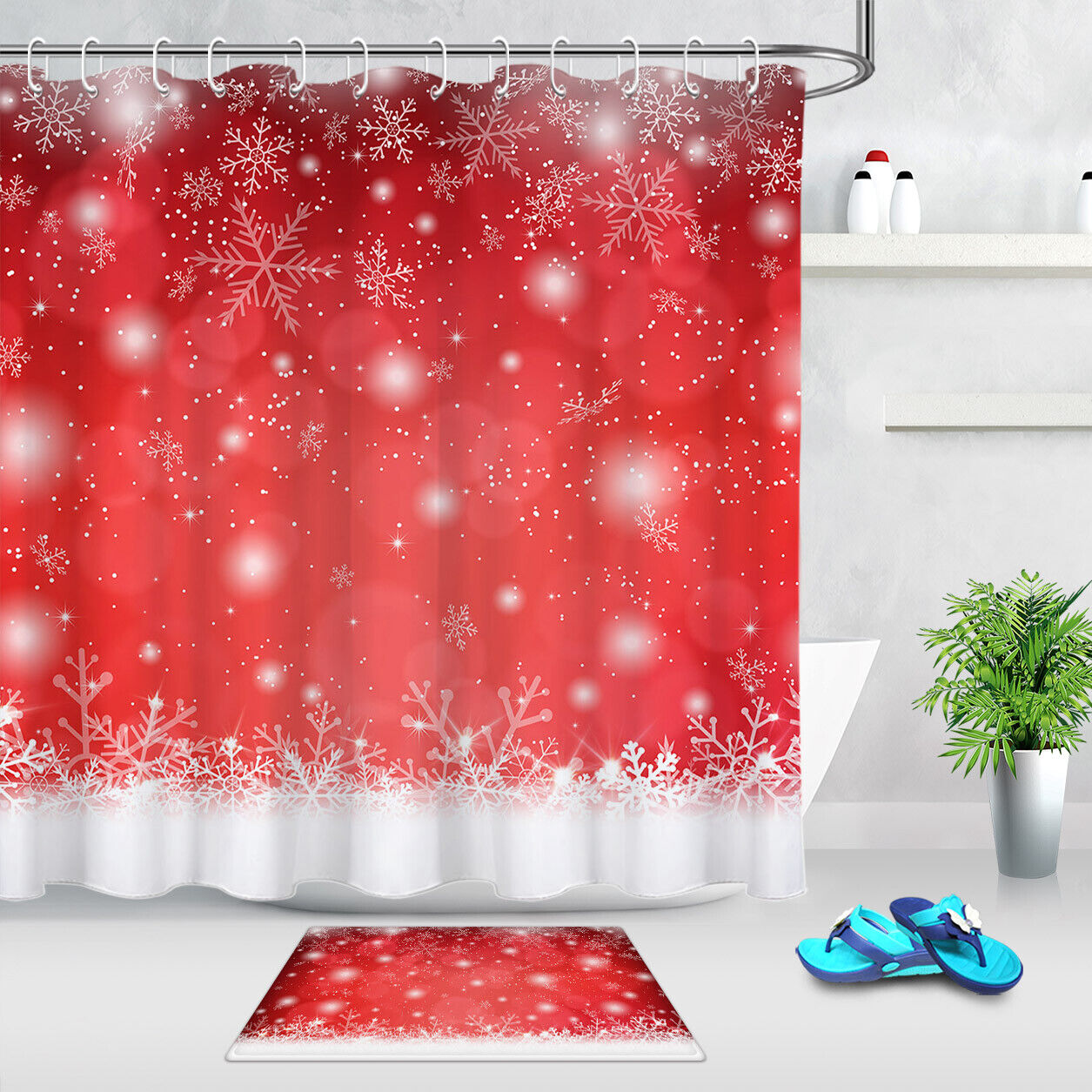 Red Snowflake Light Shower Curtain Christmas Bathroom Decor