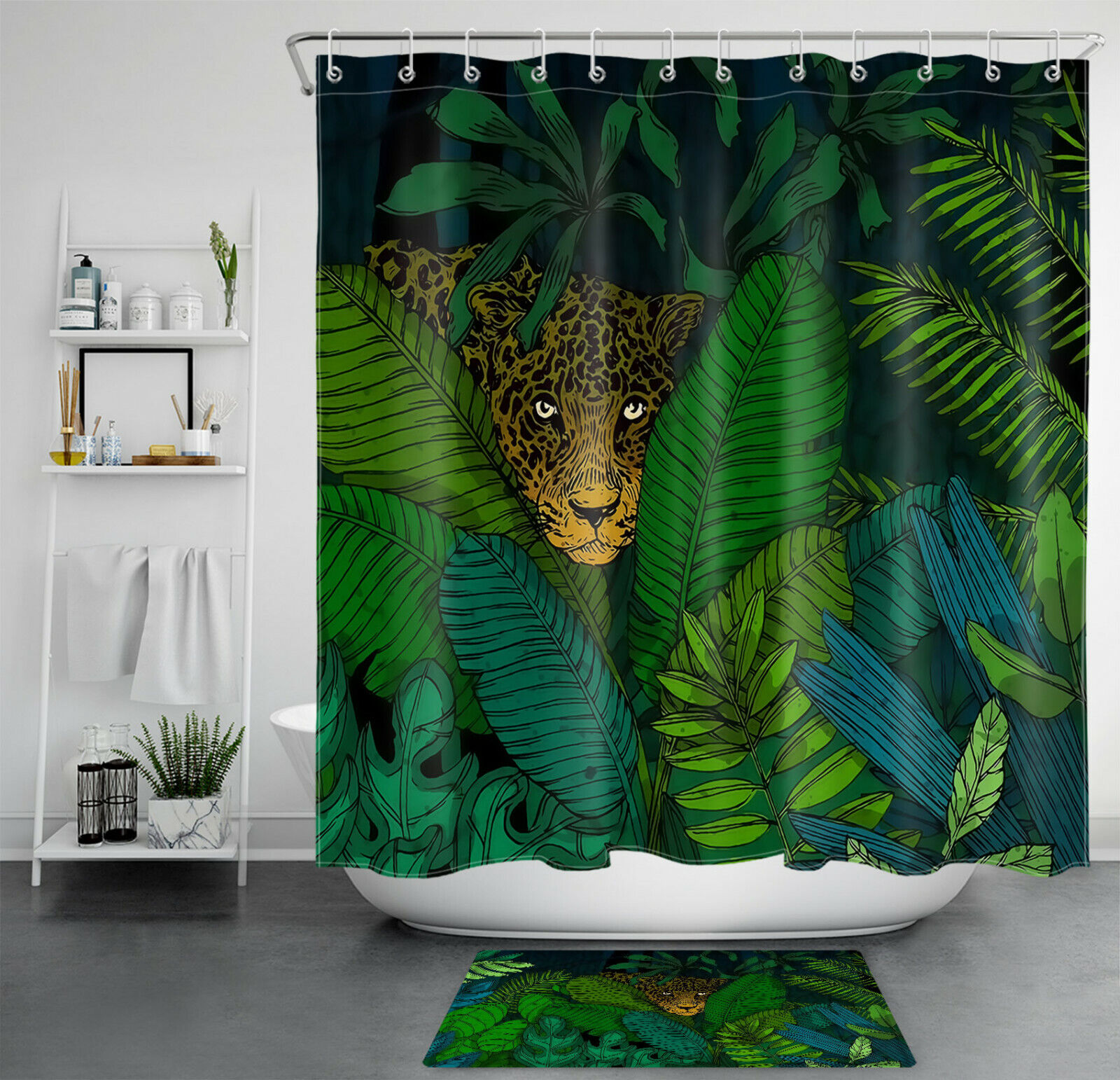 Green Leaves Leopard Jungle Shower Curtain Bathroom Decor
