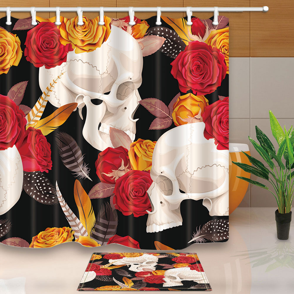 Rose Skull Fabric Shower Curtain Bathroom Decor