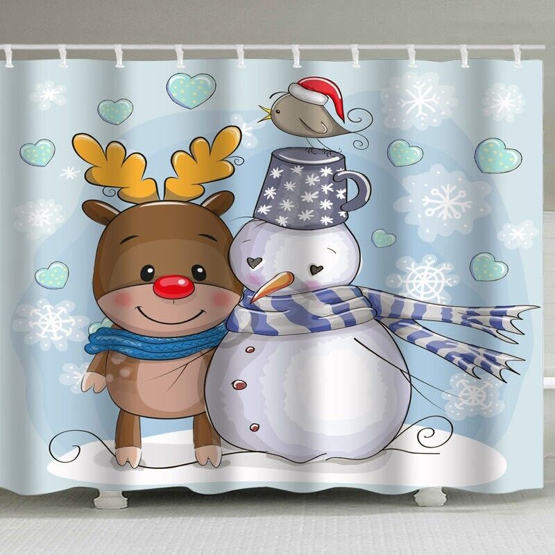 Cartoon Snowman Deer Snowflake Print Shower Curtain For A Festive Winter Bathroom