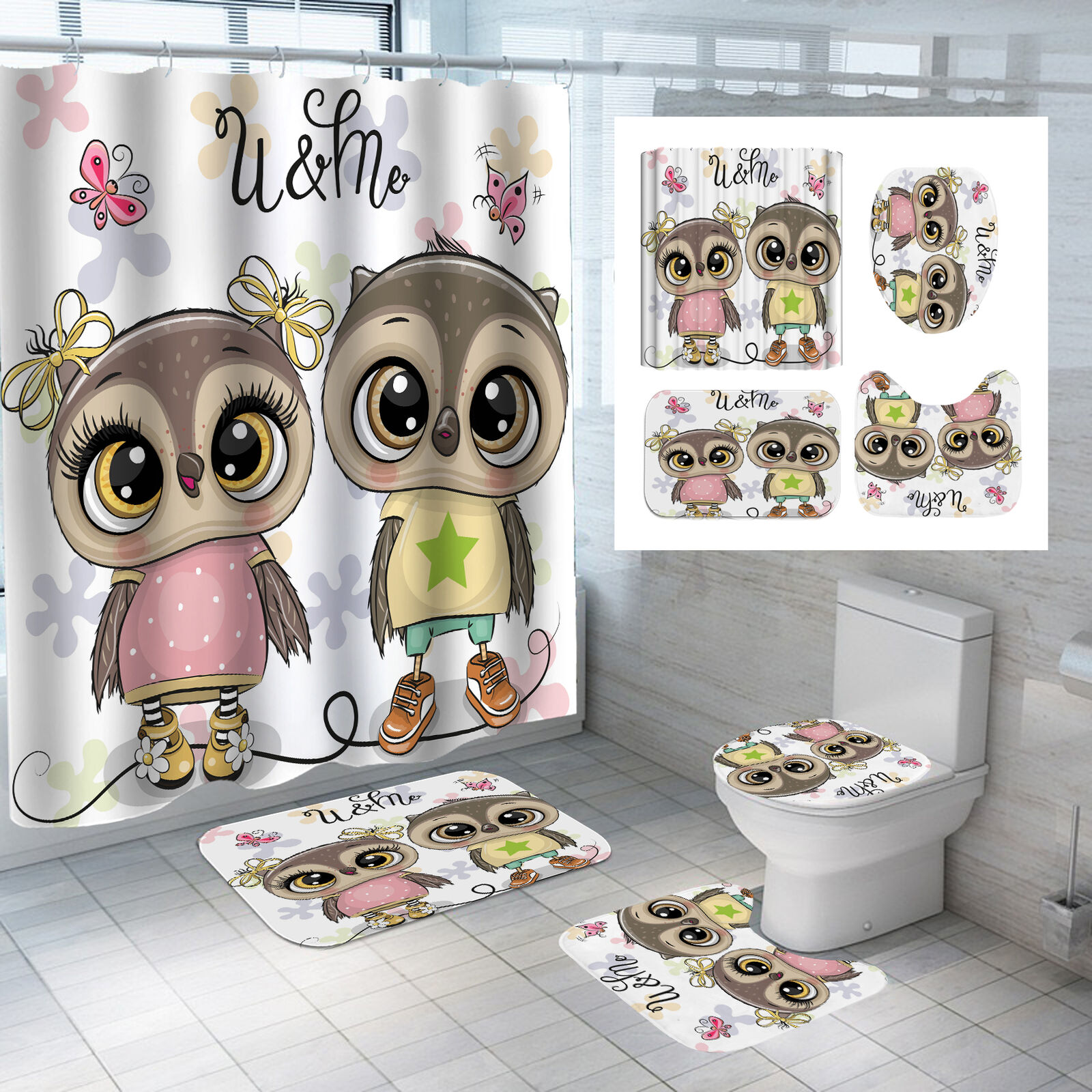 Cartoon Owl Night Owl Print 3D Shower Curtain For A Whimsical Bathroom