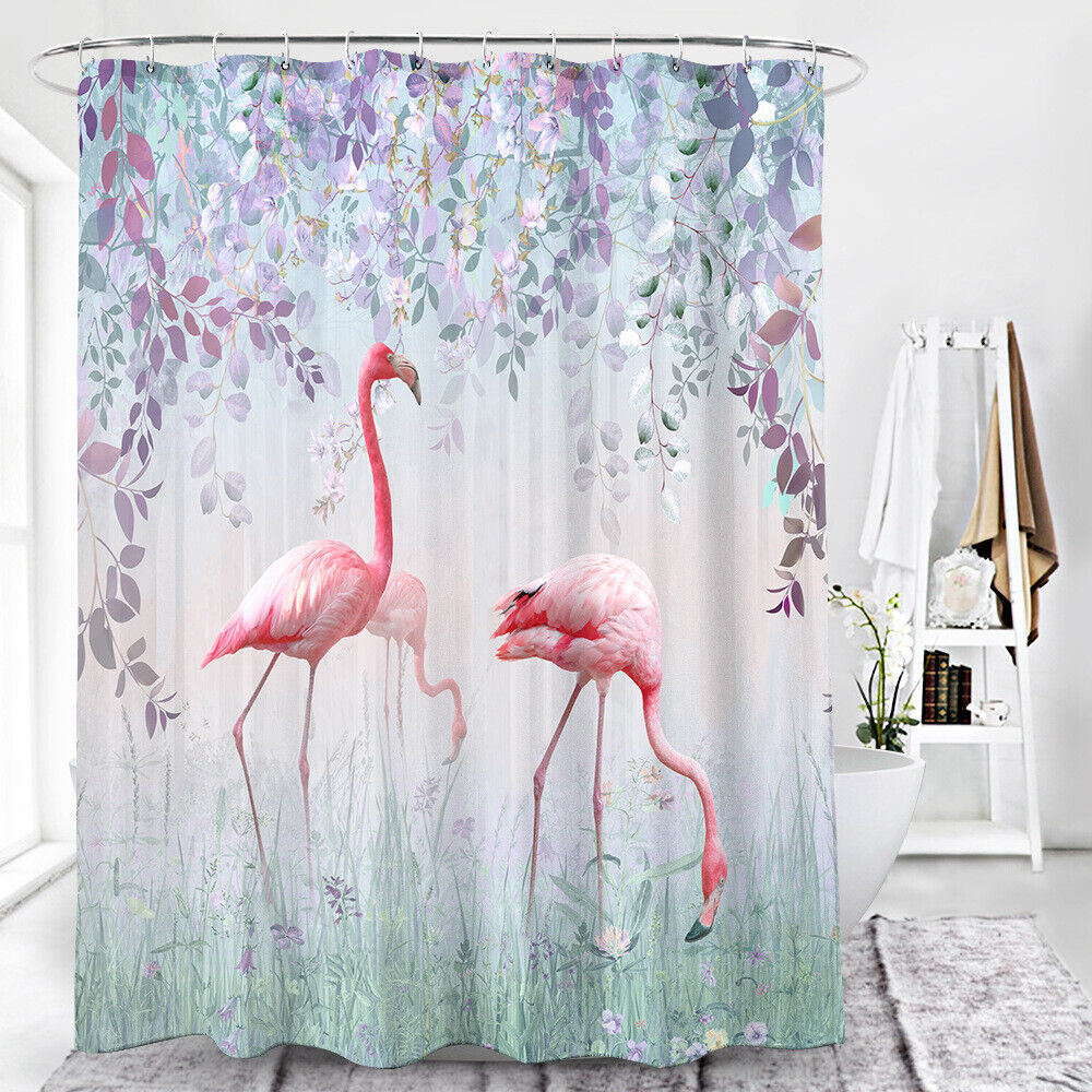 Flamingo Flower Leaves Shower Curtain Bathroom Decor