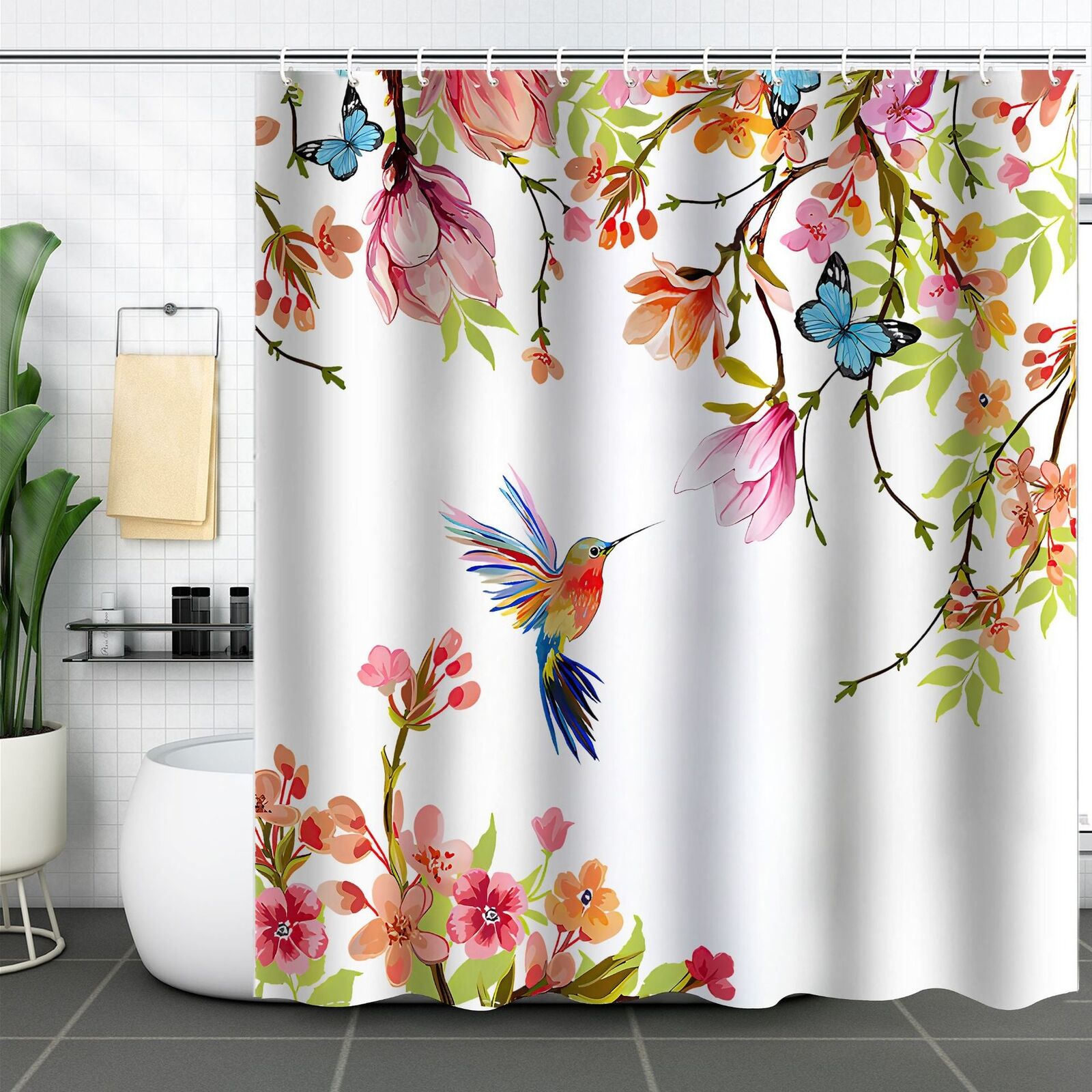 Butterfly Flower Birds Valentines Day 3D Shower Curtain For Romantic Bathroom