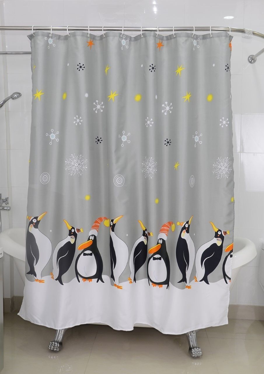 Penguin Grey Fabric Shower Curtain Bathroom Decor