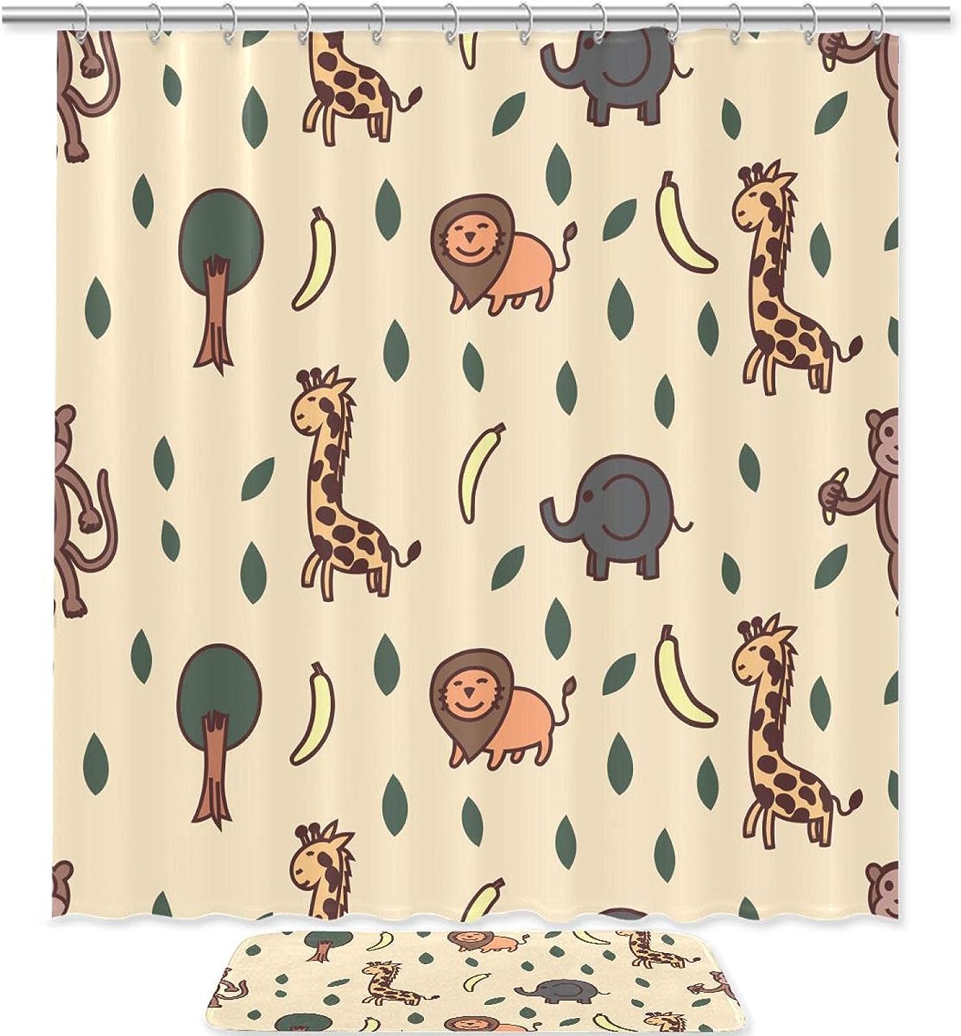 Giraffe Elephant Monkey Lion Shower Curtain Bathroom Decor