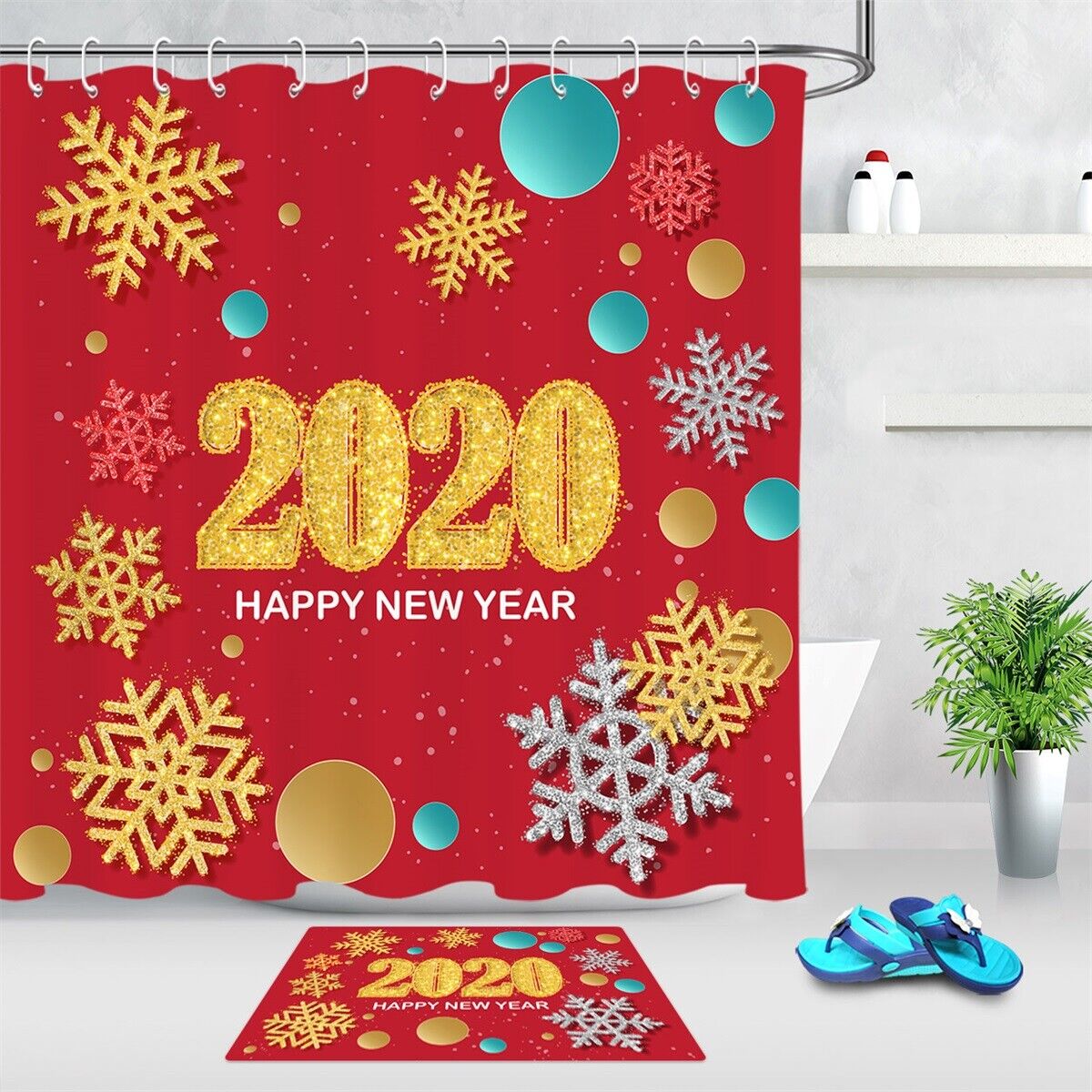 Happy New Year Snowflake Shower Curtain Bathroom Decor