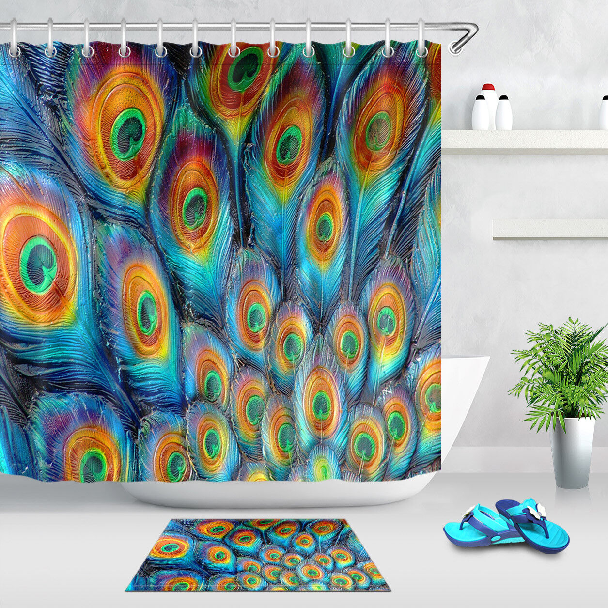 Colorful Peacock Feather Shower Curtain Bathroom Decor