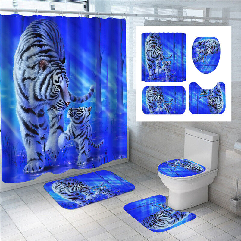 3D Tiger Blue Pedestal Bathroom Shower Curtain Home Decor