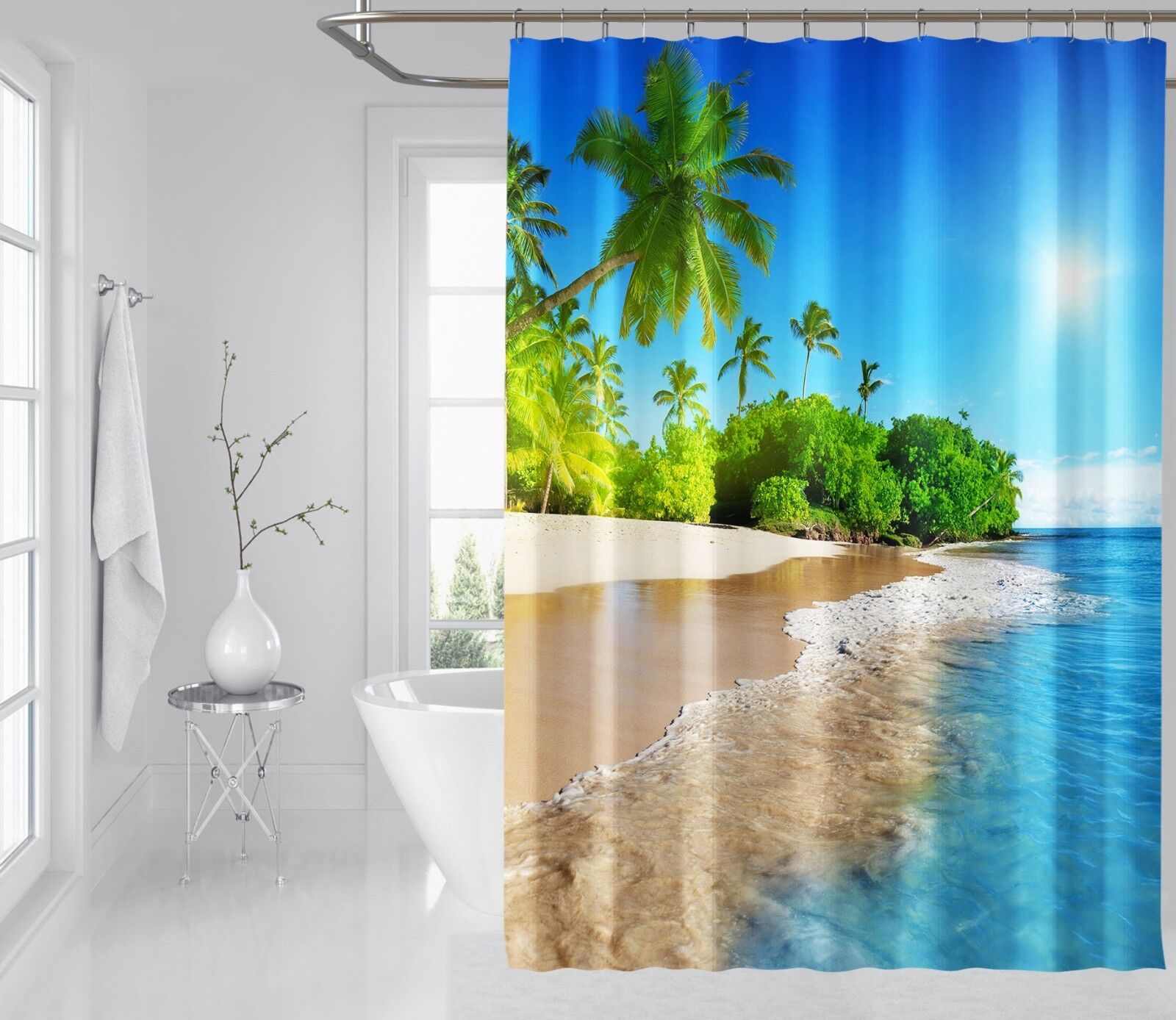 3D Sun Beach View Shower Curtain Waterproof Fiber Bathroom Decor