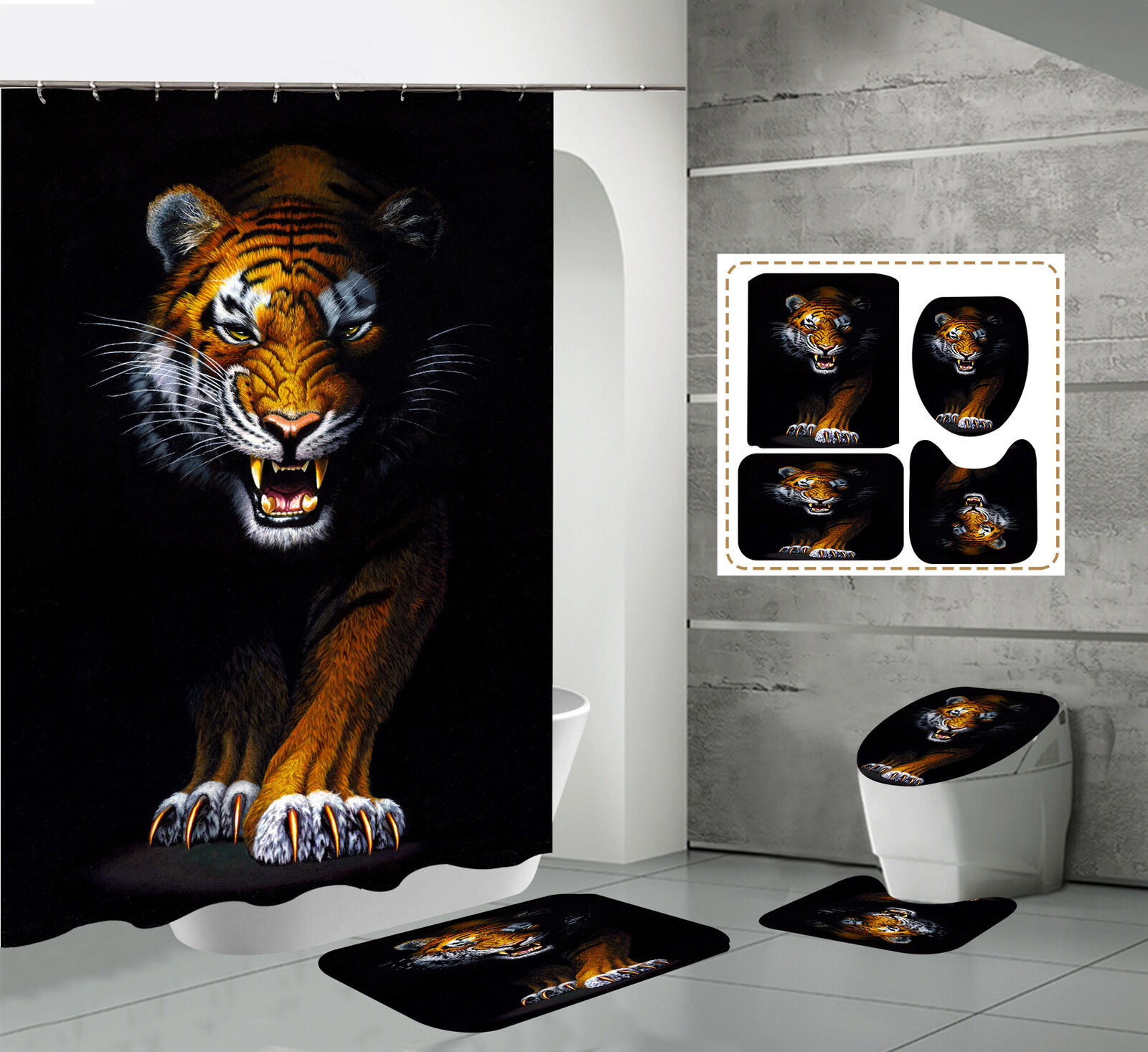 3D Tiger Animal Waterproof Bathroom Shower Curtain Home Decor