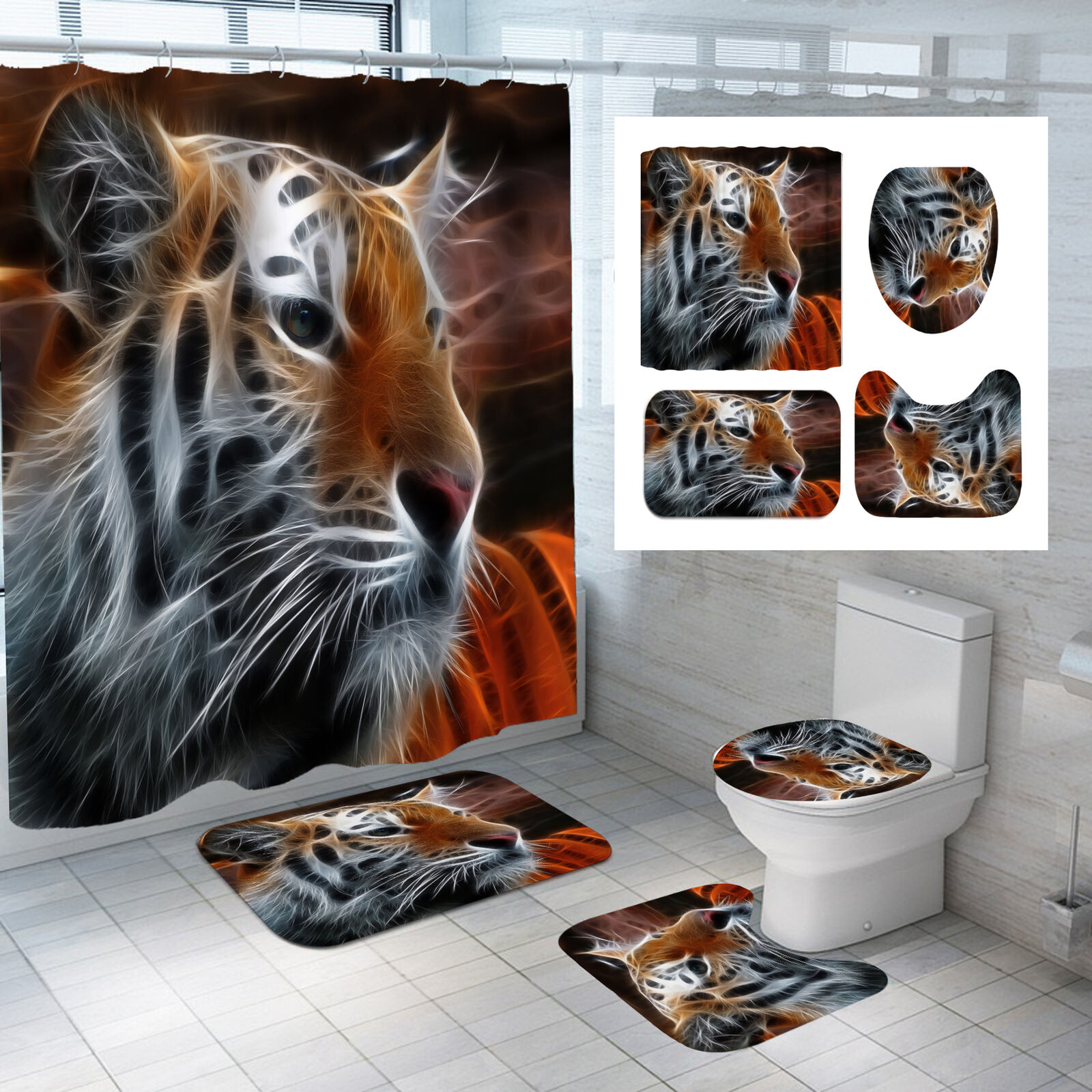 3D Tiger Animal Printed Waterproof Bathroom Shower Curtain Decor