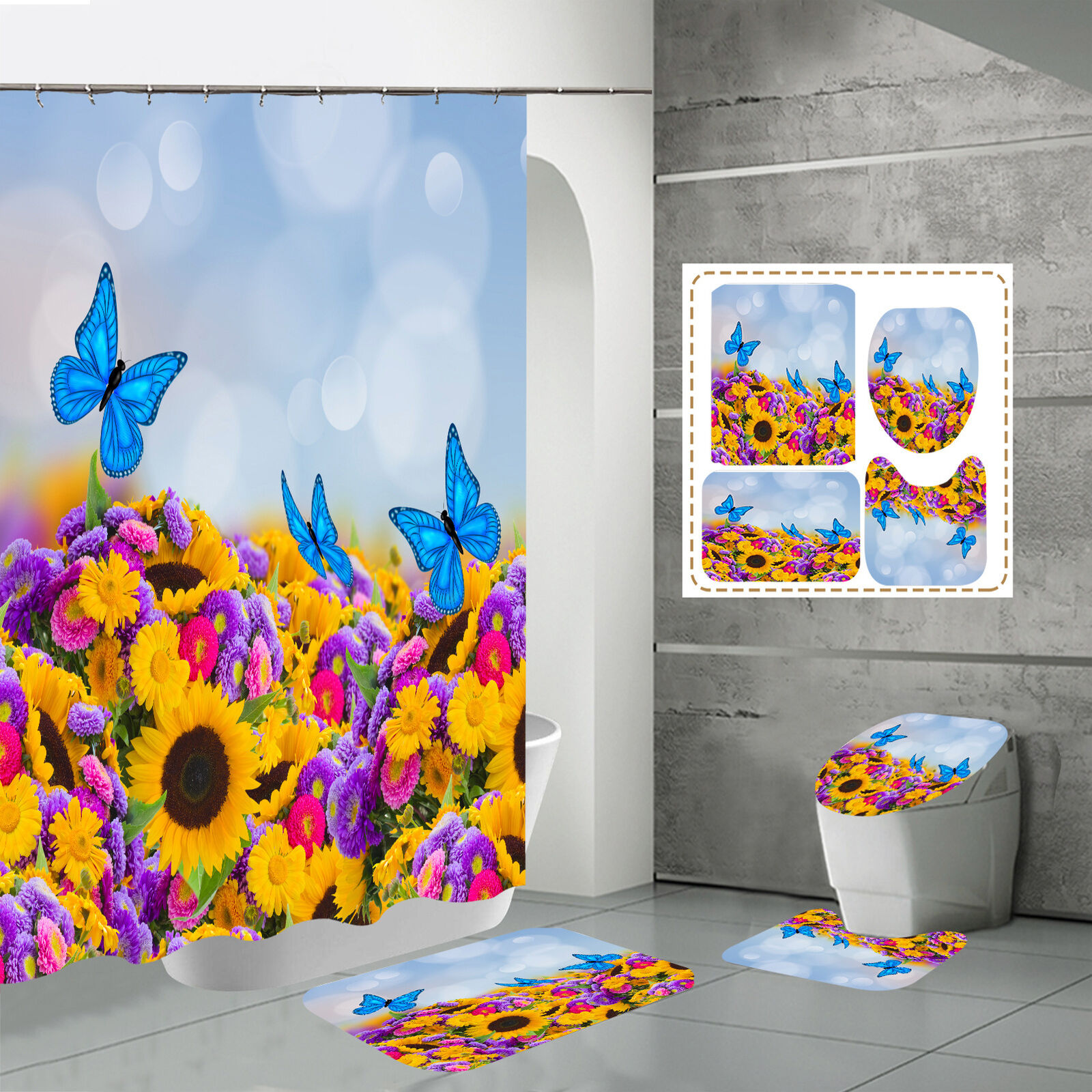 3D Sunflower Butterfly Bathroom Shower Curtain Home Decor